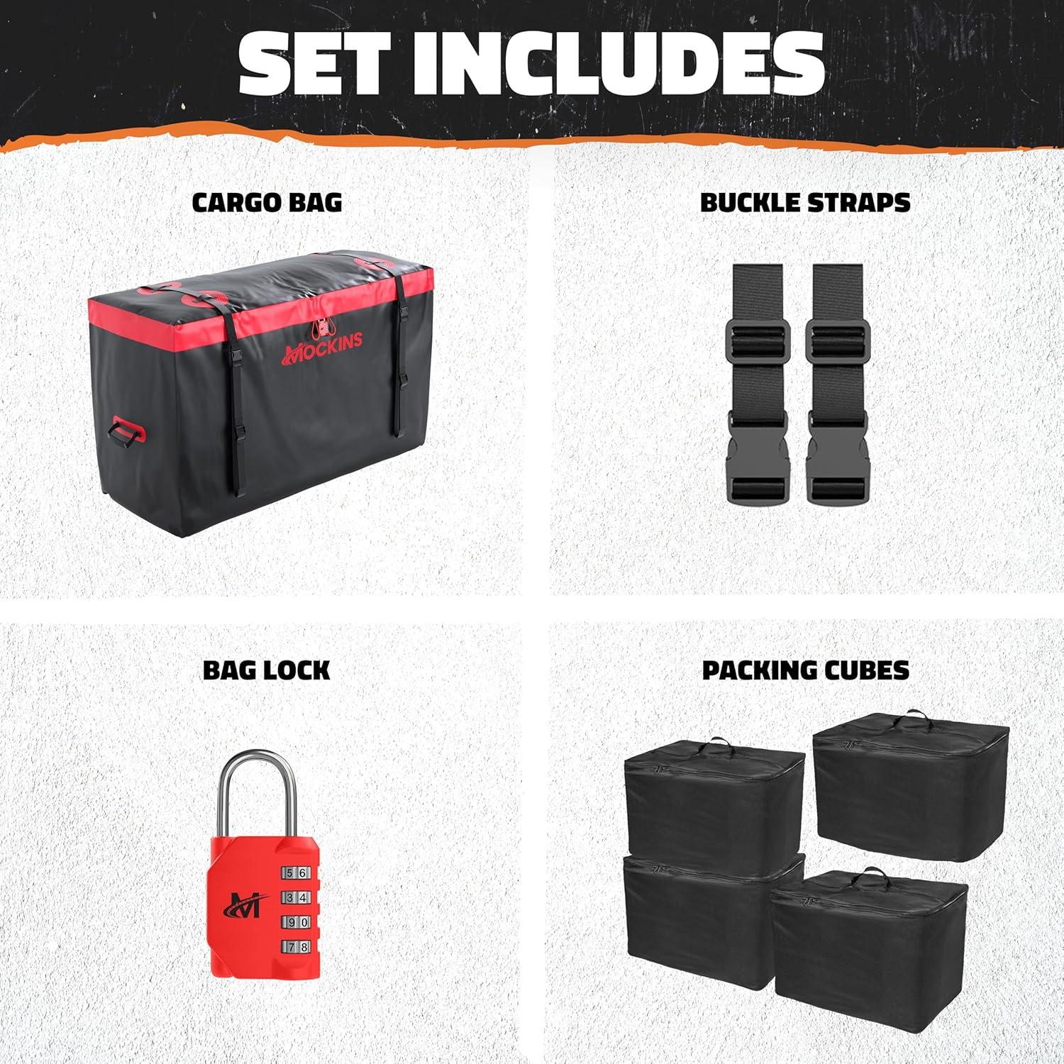 imageMockins 15 CuFt SoftShell Trailer Hitch Cargo Carrier Bag w 4 Packing Cubes  48quotx18quotx31quot All Weather Waterproof Cargo Bag for Hitch Carrier ampamp Truck Bed Waterproof Storage wBuckle Straps ampamp Lock