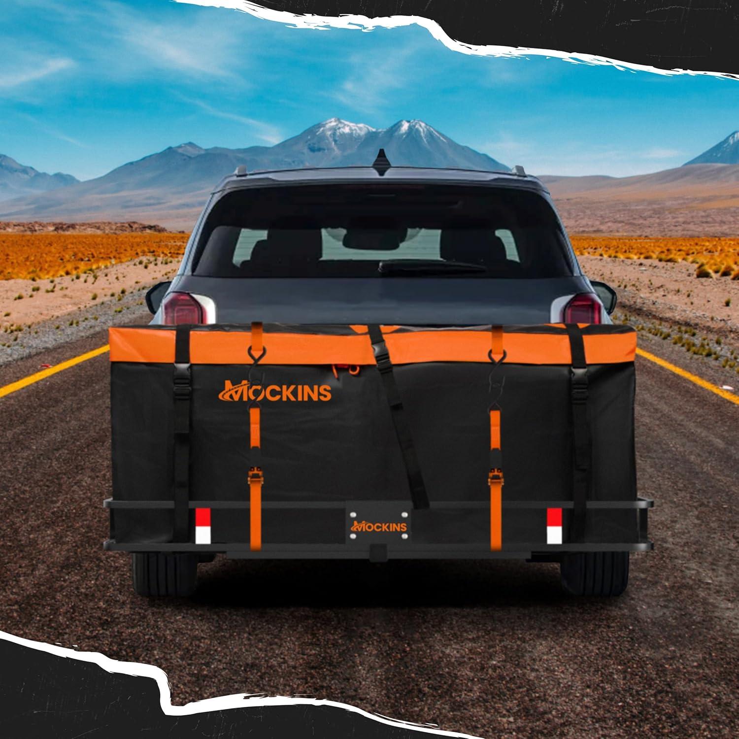 imageMockins 16 CuFt Trailer Hitch Cargo Carrier Bag  58quotx20quotx24quot AllWeather Waterproof Cargo Bag for Hitch Carrier  AbrasionResistant Vinyl Truck Bed Storage Set wStraps Combo Lock ampamp Carry CaseBlackOrange