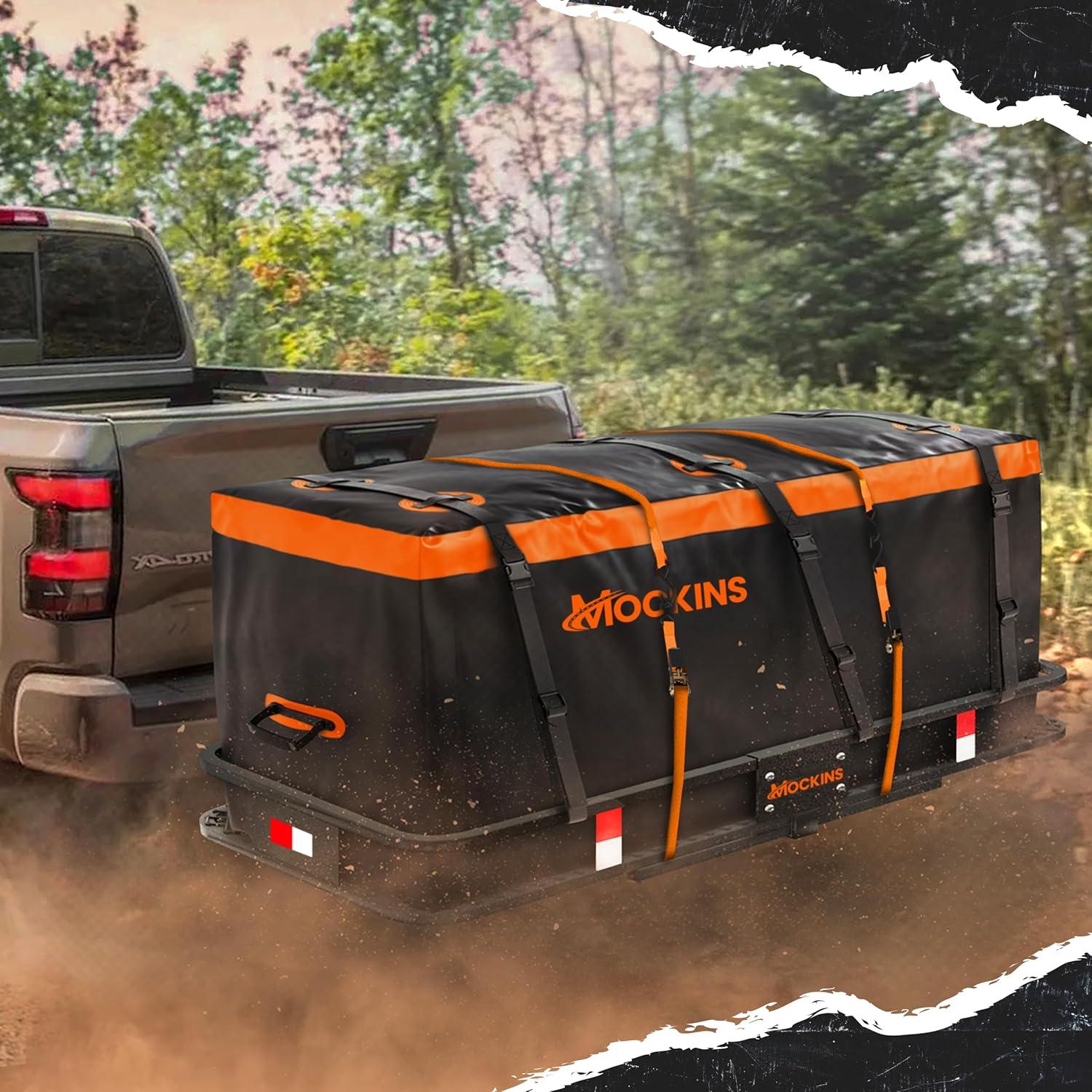 imageMockins 16 CuFt Trailer Hitch Cargo Carrier Bag  58quotx20quotx24quot AllWeather Waterproof Cargo Bag for Hitch Carrier  AbrasionResistant Vinyl Truck Bed Storage Set wStraps Combo Lock ampamp Carry CaseBlackOrange