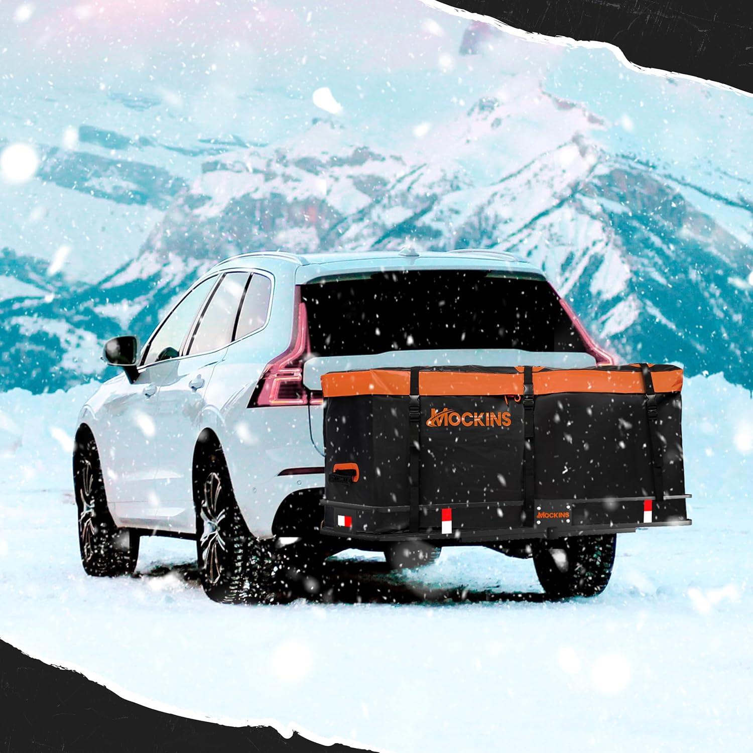 imageMockins 16 CuFt Trailer Hitch Cargo Carrier Bag  58quotx20quotx24quot AllWeather Waterproof Cargo Bag for Hitch Carrier  AbrasionResistant Vinyl Truck Bed Storage Set wStraps Combo Lock ampamp Carry CaseBlackOrange