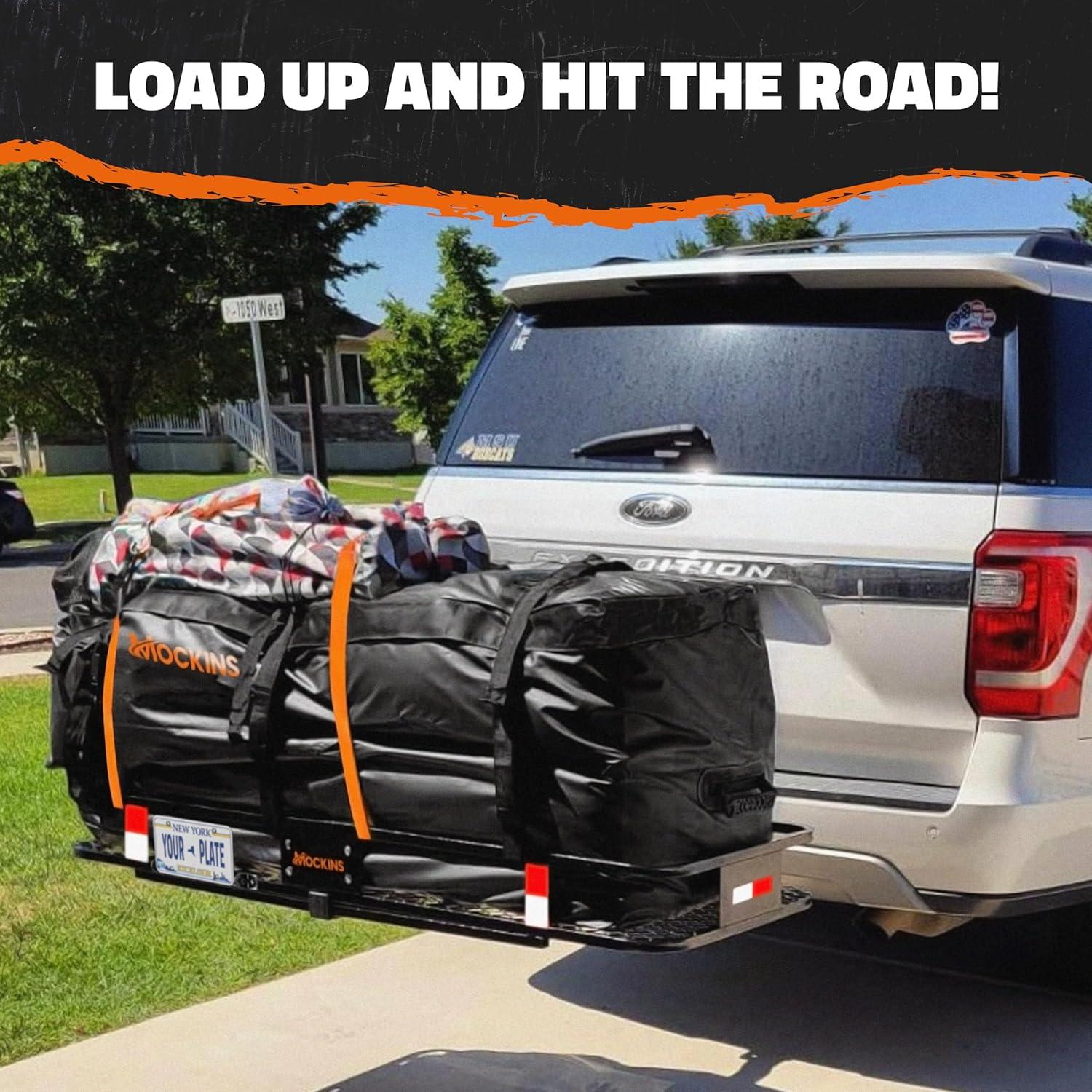 imageMockins 16 CuFt Trailer Hitch Cargo Carrier Bag  58quotx20quotx24quot Durable Vinyl Cargo Bag for Hitch Carrier  Waterproof Truck Bed Storage Set wStraps ampamp Lock  Weatherproof Vehicle Soft Shell Carriers16 Cubic Feet  58x20x24