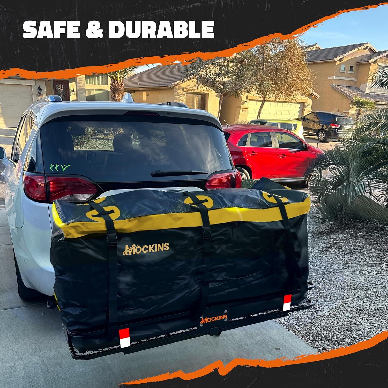 imageMockins 16 CuFt Trailer Hitch Cargo Carrier Bag  58quotx20quotx24quot Durable Vinyl Cargo Bag for Hitch Carrier  Waterproof Truck Bed Storage Set wStraps ampamp Lock  Weatherproof Vehicle Soft Shell Carriers20 Cubic Feet  60x20x29