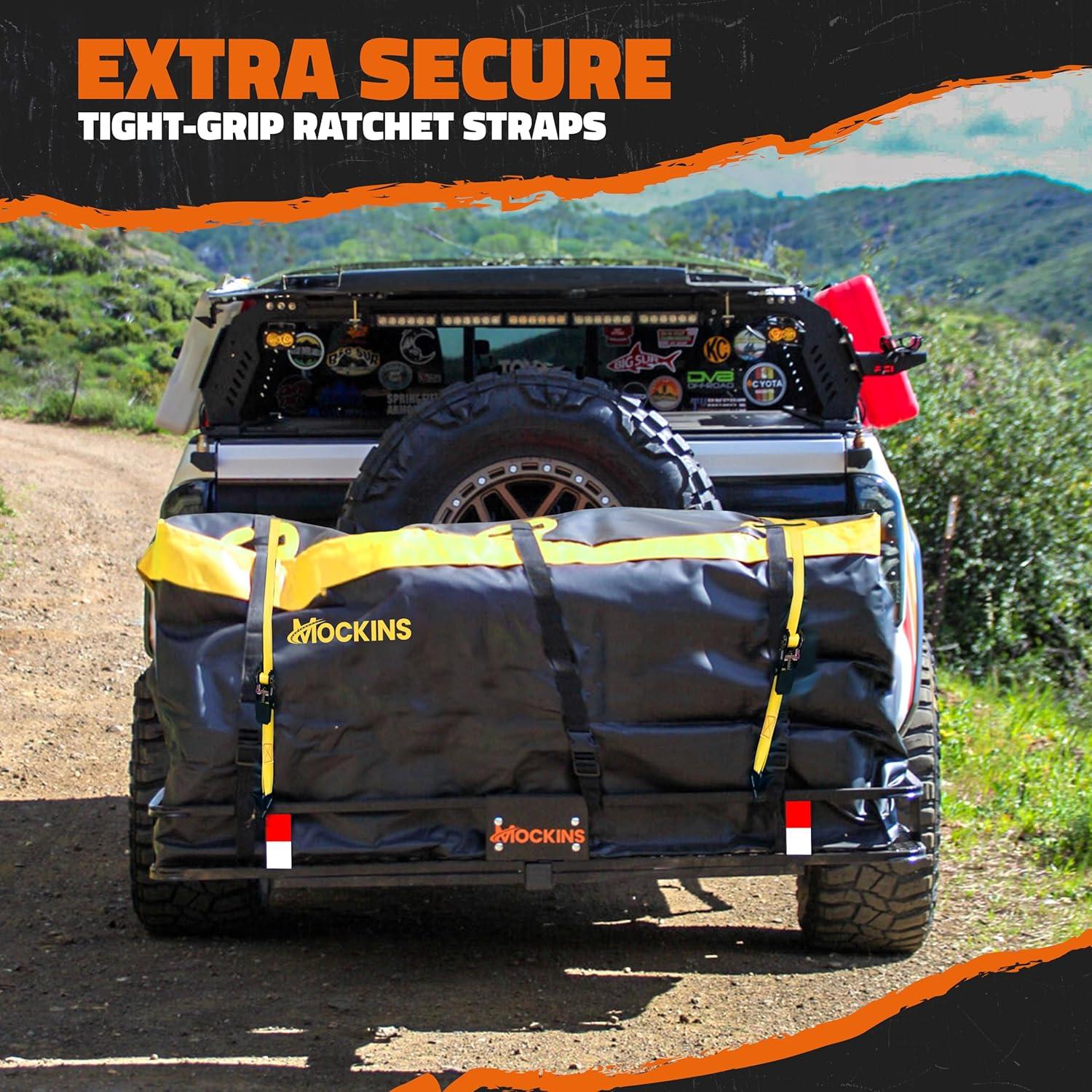 imageMockins 16 CuFt Trailer Hitch Cargo Carrier Bag  58quotx20quotx24quot Durable Vinyl Cargo Bag for Hitch Carrier  Waterproof Truck Bed Storage Set wStraps ampamp Lock  Weatherproof Vehicle Soft Shell Carriers20 Cubic Feet  60x20x29