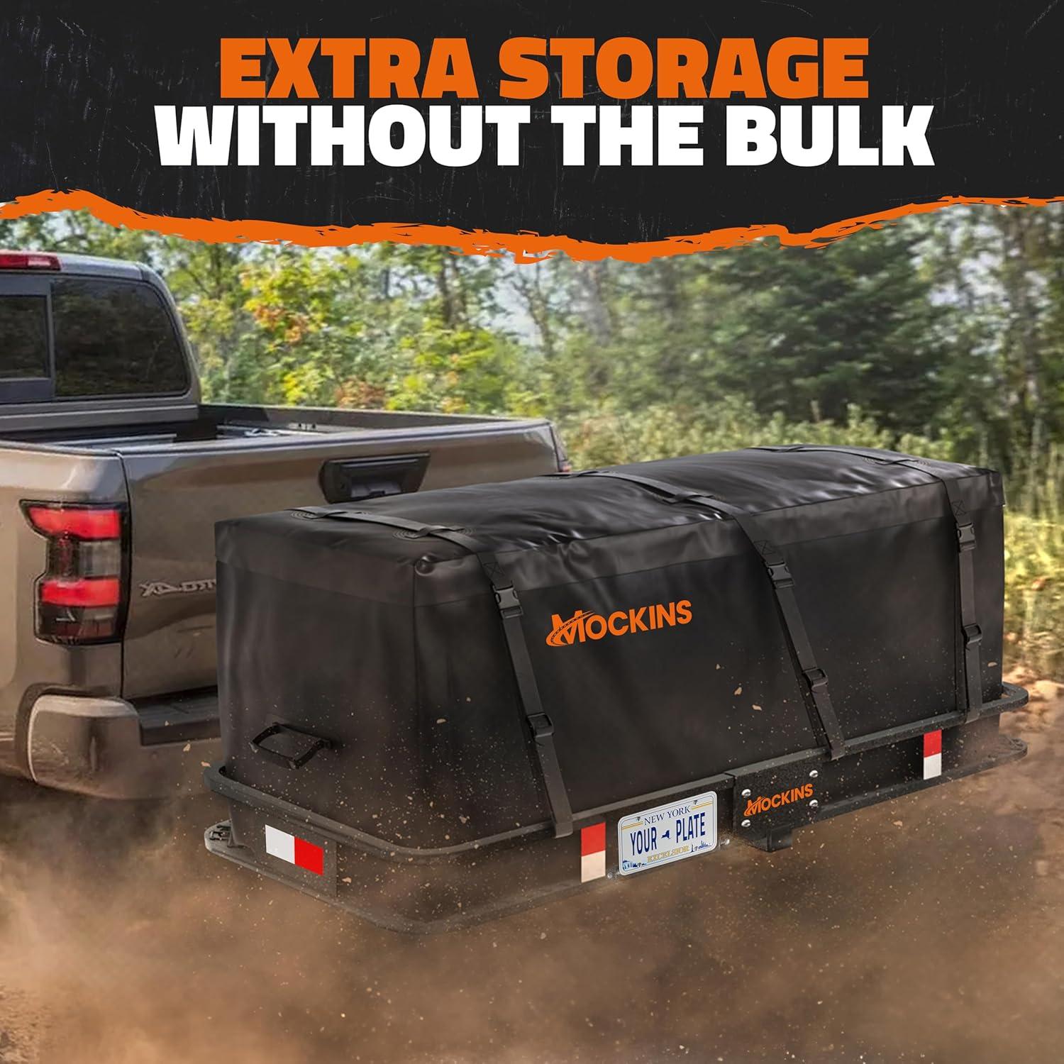 imageMockins 16 CuFt Trailer Hitch Cargo Carrier Bag  58quotx20quotx24quot Durable Vinyl Cargo Bag for Hitch Carrier  Waterproof Truck Bed Storage Set wStraps ampamp Lock  Weatherproof Vehicle Soft Shell Carriers16 Cubic Feet  58x20x24