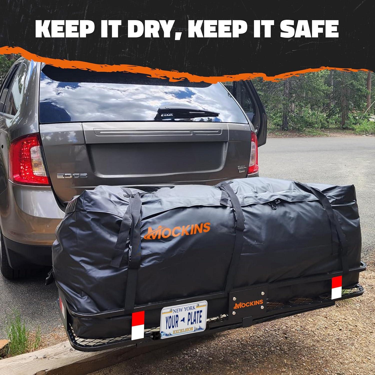 imageMockins 16 CuFt Trailer Hitch Cargo Carrier Bag  58quotx20quotx24quot Durable Vinyl Cargo Bag for Hitch Carrier  Waterproof Truck Bed Storage Set wStraps ampamp Lock  Weatherproof Vehicle Soft Shell Carriers16 Cubic Feet  58x20x24