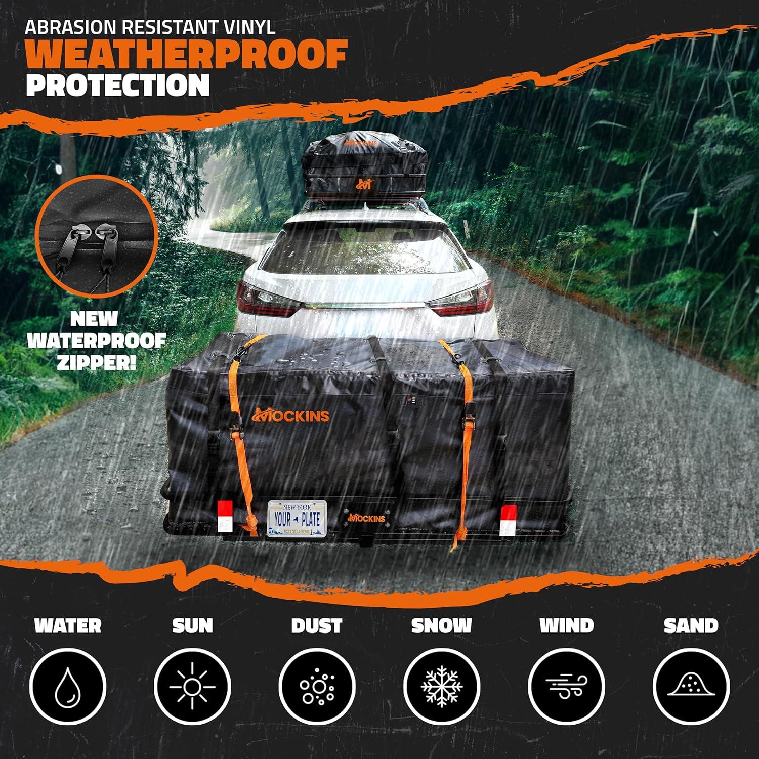 imageMockins 16 CuFt Trailer Hitch Cargo Carrier Bag  58quotx20quotx24quot Durable Vinyl Cargo Bag for Hitch Carrier  Waterproof Truck Bed Storage Set wStraps ampamp Lock  Weatherproof Vehicle Soft Shell Carriers16 Cubic Feet  58x20x24