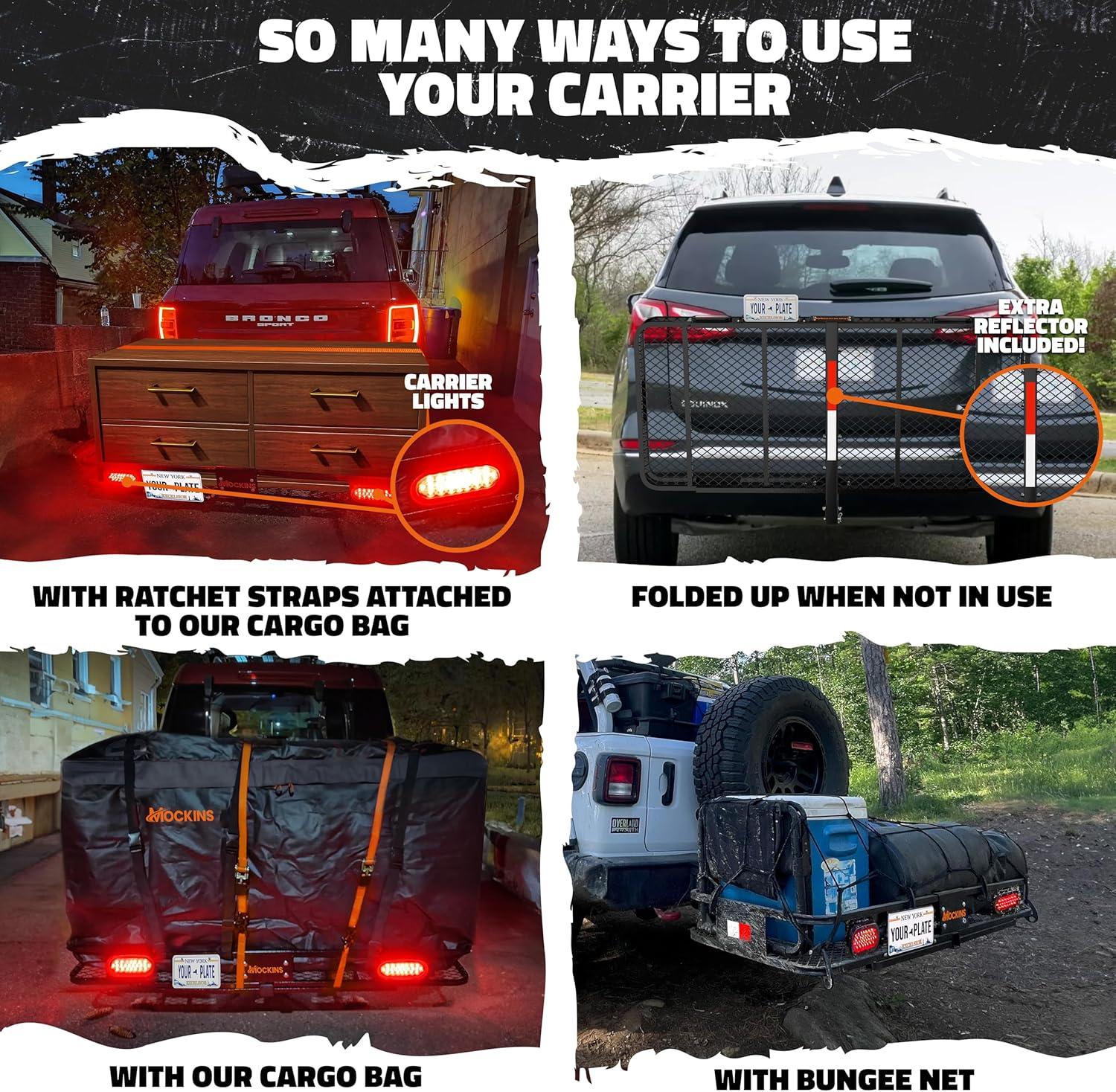 imageMockins 16 Cubic Ft Orange Cargo Carrier Bag ampamp 60quotx20quotx6quot Folding Trailer Hitch Cargo Carrier wRear Lights Bundle