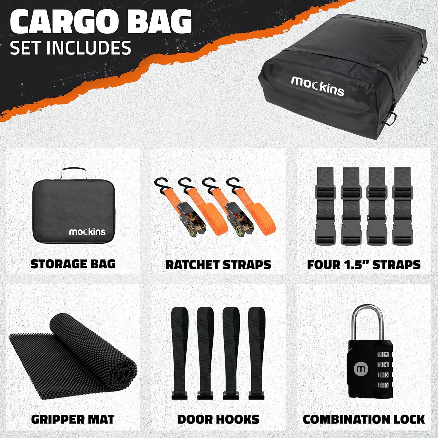 imageMockins 25 CuFt Heavy Duty Car Roof Bag 60quotx43quotx17quot  Works with or Without Roof Rack  Great for Road Trip Vacations Camping Adventures ampamp More  Set Includes Roof Mat Lock Hooks ampamp Straps16 Cubic Ft
