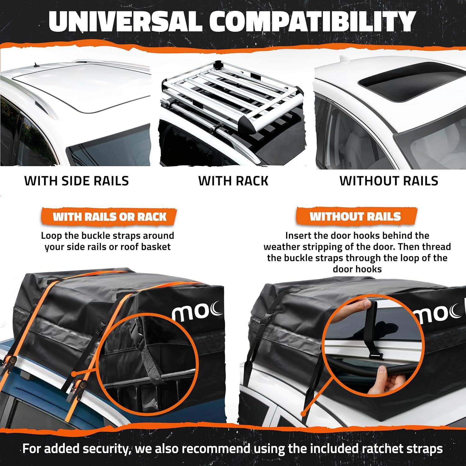 imageMockins 25 CuFt Heavy Duty Car Roof Bag 60quotx43quotx17quot  Works with or Without Roof Rack  Great for Road Trip Vacations Camping Adventures ampamp More  Set Includes Roof Mat Lock Hooks ampamp Straps16 Cubic Ft