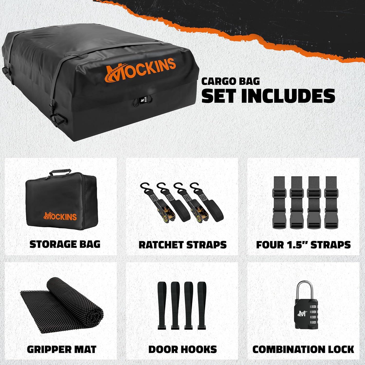 imageMockins 25 CuFt Heavy Duty Car Roof Bag 60quotx43quotx17quot  Works with or Without Roof Rack  Great for Road Trip Vacations Camping Adventures ampamp More  Set Includes Roof Mat Lock Hooks ampamp Straps25 Cubic Ft