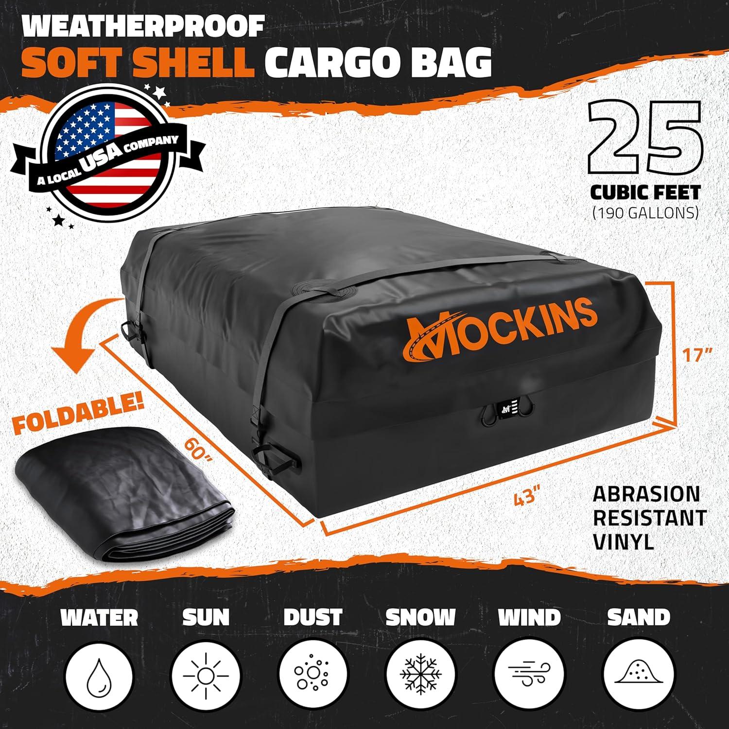 imageMockins 25 CuFt Heavy Duty Car Roof Bag 60quotx43quotx17quot  Works with or Without Roof Rack  Great for Road Trip Vacations Camping Adventures ampamp More  Set Includes Roof Mat Lock Hooks ampamp Straps25 Cubic Ft