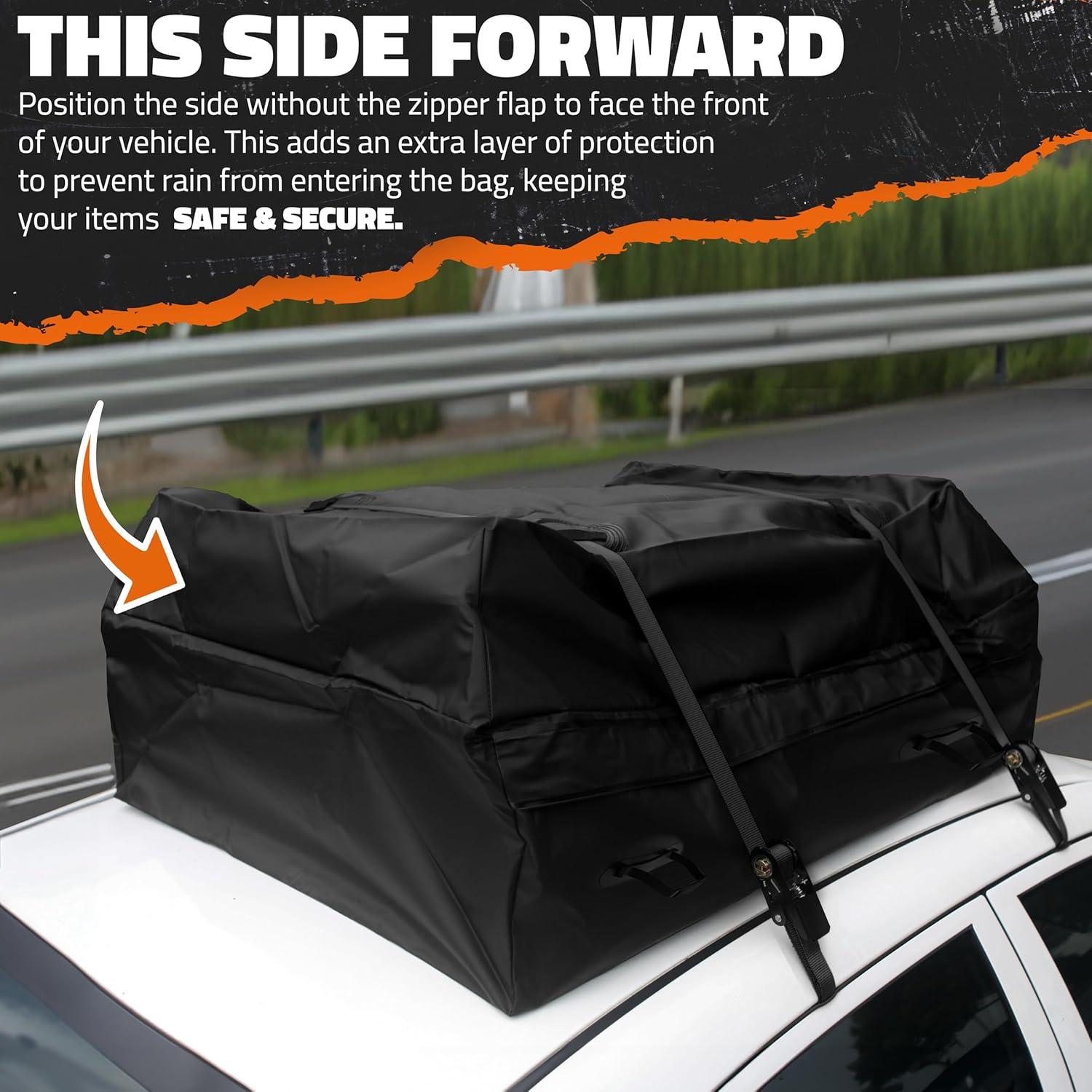 imageMockins 25 CuFt Heavy Duty Car Roof Bag 60quotx43quotx17quot  Works with or Without Roof Rack  Great for Road Trip Vacations Camping Adventures ampamp More  Set Includes Roof Mat Lock Hooks ampamp Straps16 Cubic Ft