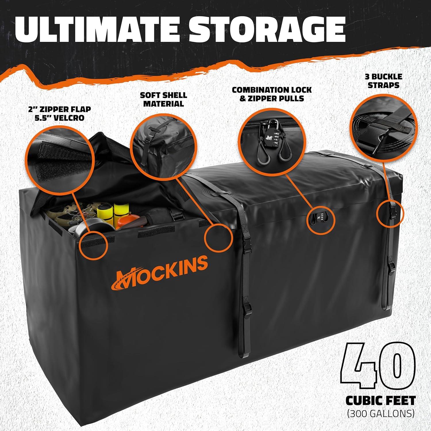 imageMockins 25 CuFt Large Trailer Hitch Cargo Carrier Bag  60quotx24quotx31quot All Weather Cargo Bag for Hitch Carrier  Waterproof Luggage Bag for Truck Bed Storage  Vehicle Soft Shell Carriers wAccessories40 Cubic Feet  84x24x34