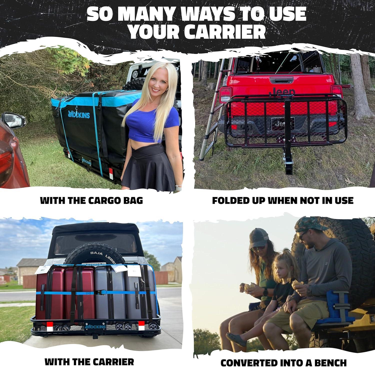 imageMockins 2in1 Trailer Hitch Cargo Carrier Bench 48quotx18quotx6quot w 15 CuFt Vehicle Soft Shell Carriers Bag  500 Lbs Capacity Folding Cargo Hitch Carrier Tailgate Seating Set wStabilizer Straps ampamp Lock48x18x6  15 CuFt Bag  Luxury Bench