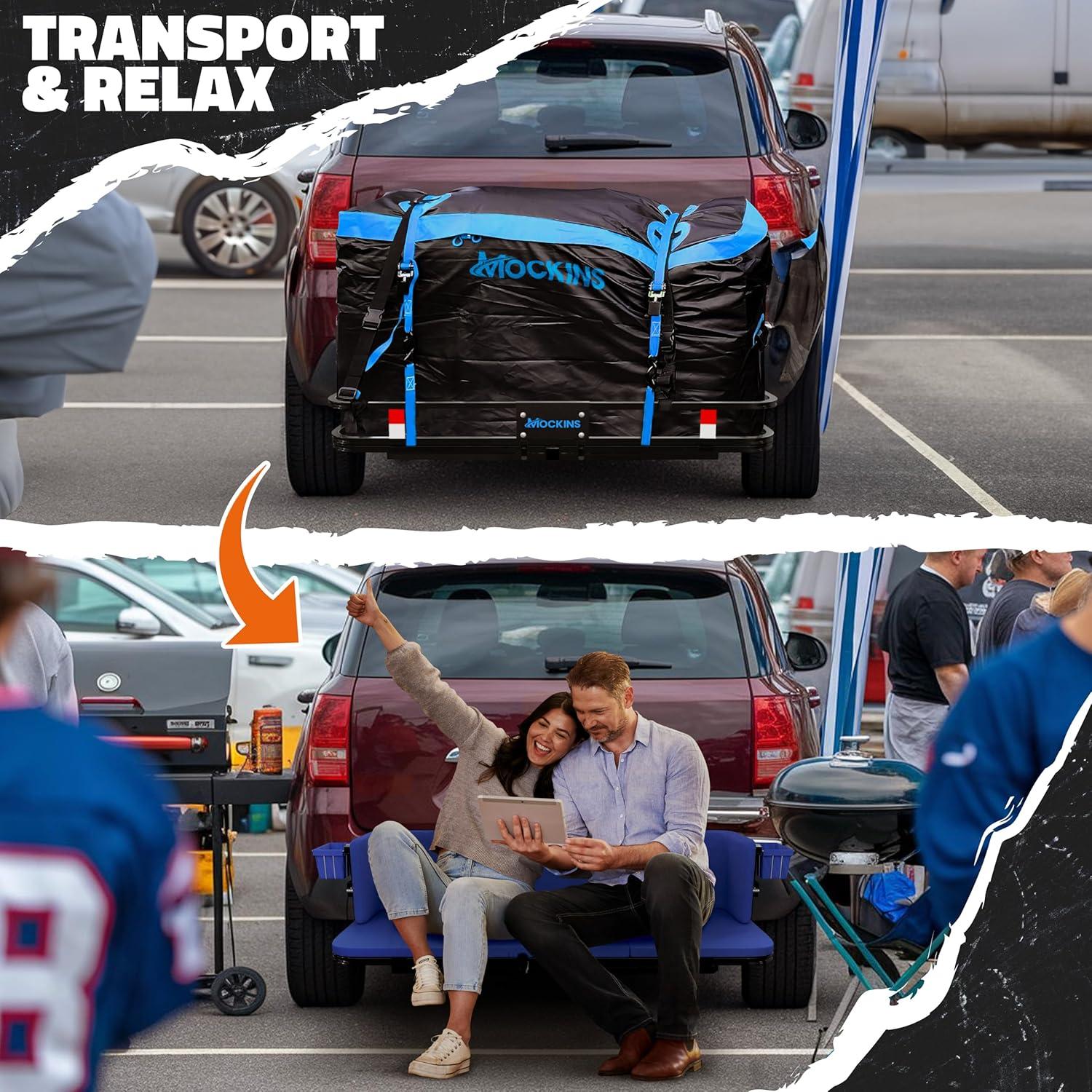 imageMockins 2in1 Trailer Hitch Cargo Carrier Bench 48quotx18quotx6quot w 15 CuFt Vehicle Soft Shell Carriers Bag  500 Lbs Capacity Folding Cargo Hitch Carrier Tailgate Seating Set wStabilizer Straps ampamp Lock48x18x6  15 CuFt Bag  Luxury Bench