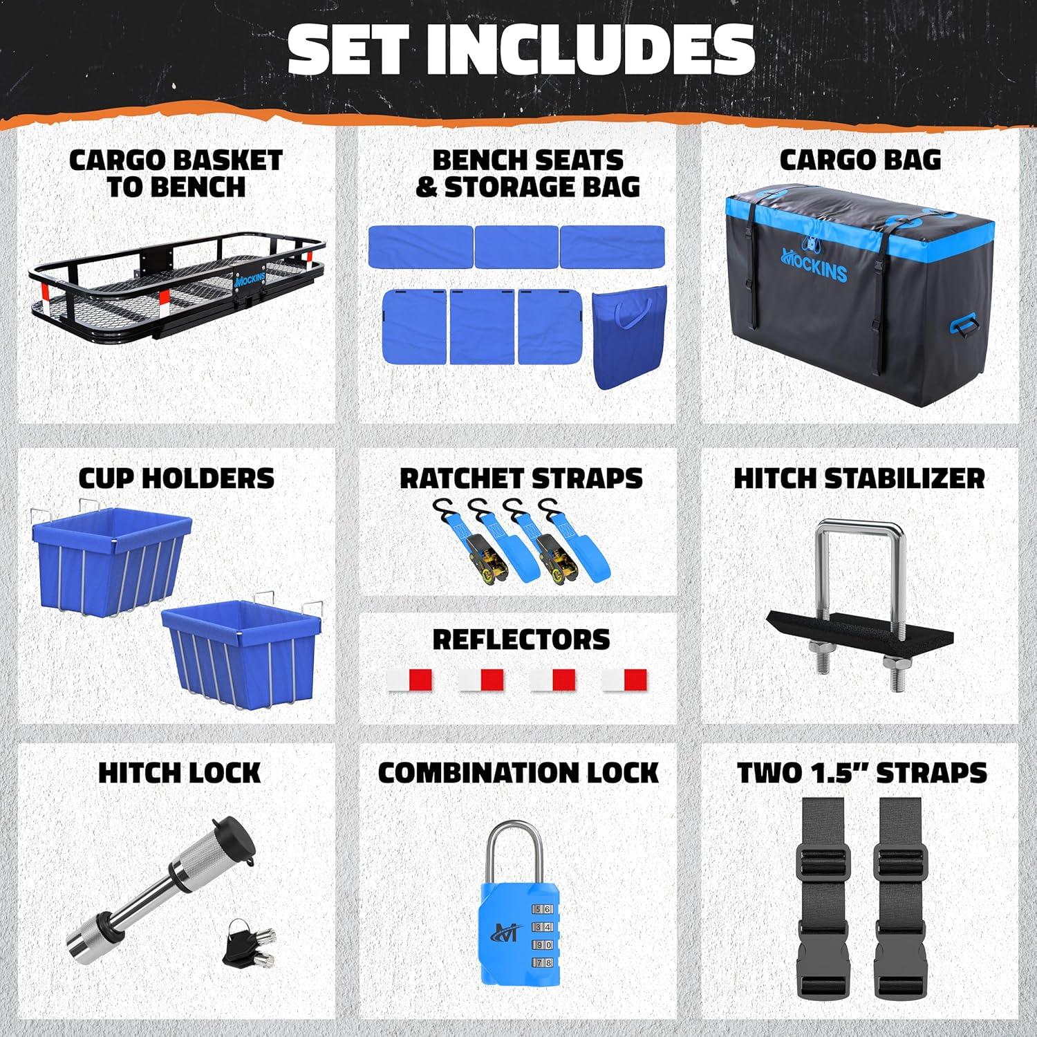 imageMockins 2in1 Trailer Hitch Cargo Carrier Bench 48quotx18quotx6quot w 15 CuFt Vehicle Soft Shell Carriers Bag  500 Lbs Capacity Folding Cargo Hitch Carrier Tailgate Seating Set wStabilizer Straps ampamp Lock48x18x6  15 CuFt Bag  Luxury Bench