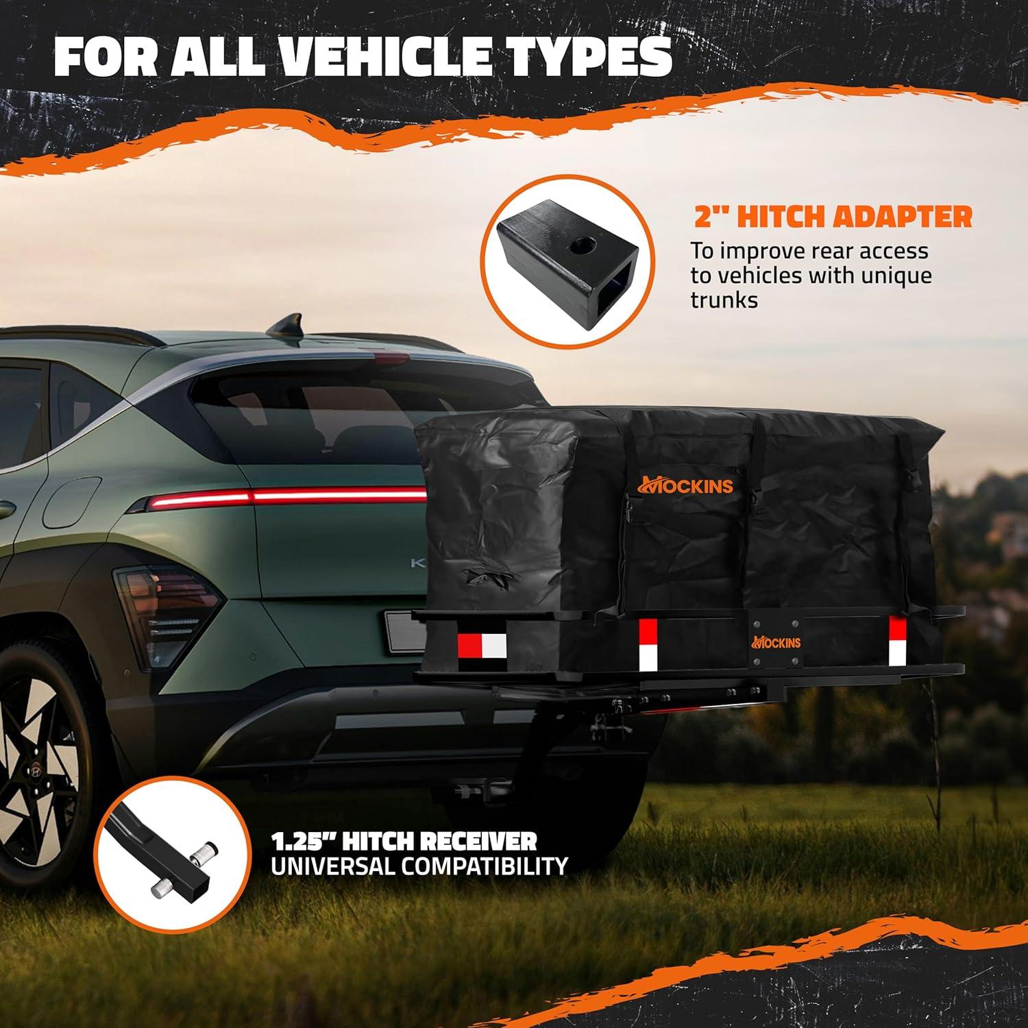 imageMockins 2in1 Trailer Hitch Cargo Carrier Bench 48quotx18quotx6quot w 15 CuFt Vehicle Soft Shell Carriers Bag  500 Lbs Capacity Folding Cargo Hitch Carrier Tailgate Seating Set wStabilizer Straps ampamp Lock48L X 20W X 6H  15 CuFt Bag