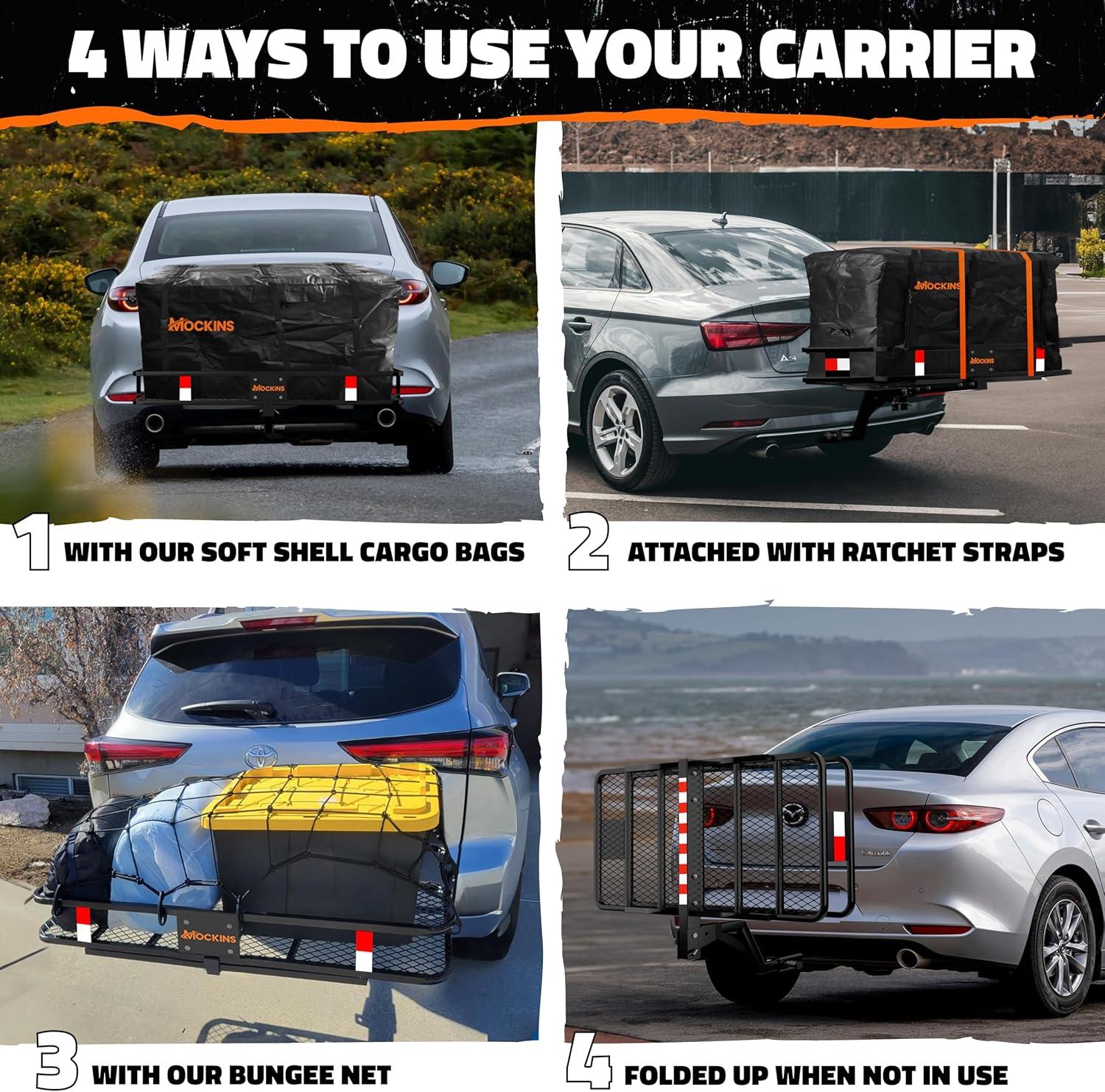 imageMockins 2in1 Trailer Hitch Cargo Carrier Bench 48quotx18quotx6quot w 15 CuFt Vehicle Soft Shell Carriers Bag  500 Lbs Capacity Folding Cargo Hitch Carrier Tailgate Seating Set wStabilizer Straps ampamp Lock48L X 20W X 6H  15 CuFt Bag