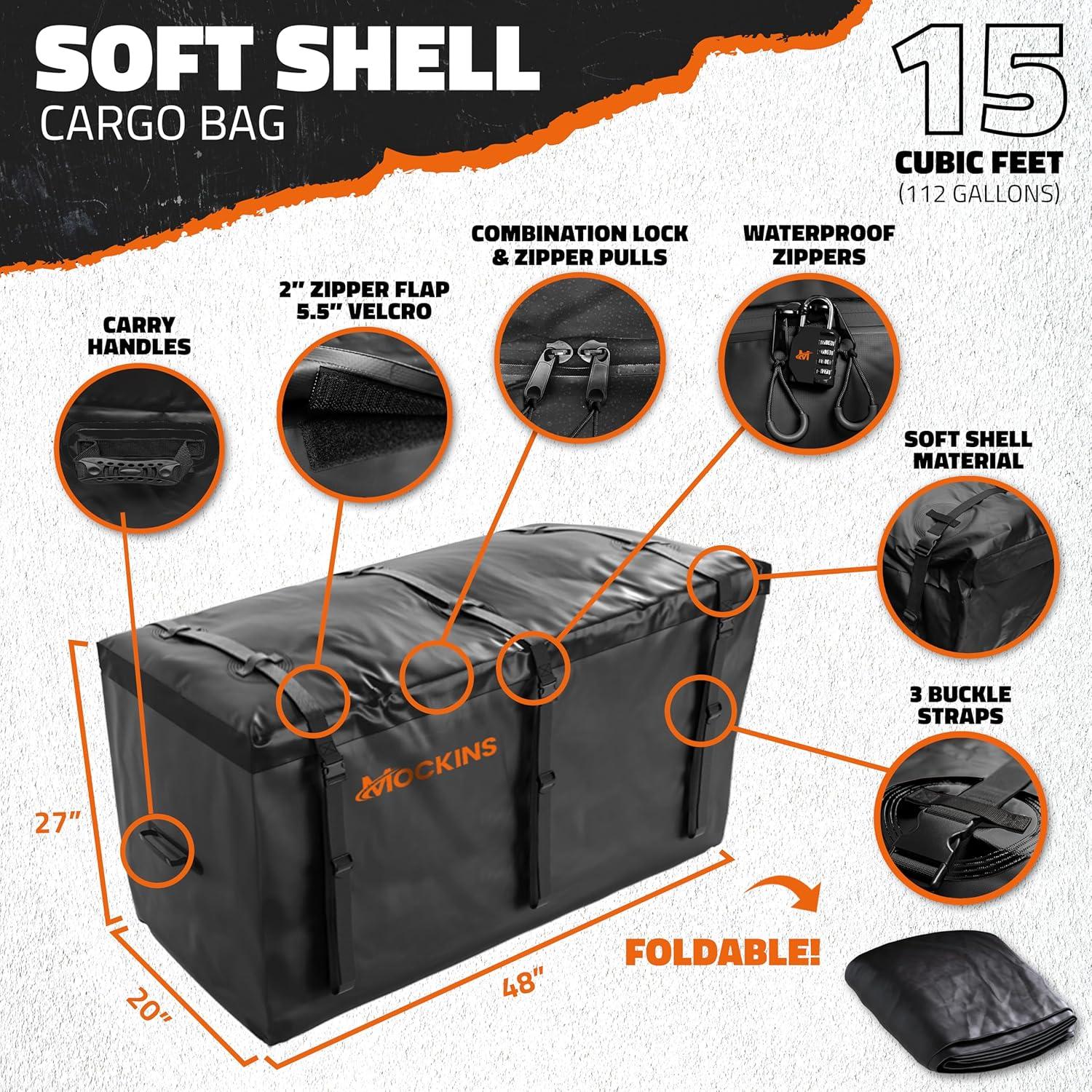 imageMockins 2in1 Trailer Hitch Cargo Carrier Bench 48quotx18quotx6quot w 15 CuFt Vehicle Soft Shell Carriers Bag  500 Lbs Capacity Folding Cargo Hitch Carrier Tailgate Seating Set wStabilizer Straps ampamp Lock48L X 20W X 6H  15 CuFt Bag