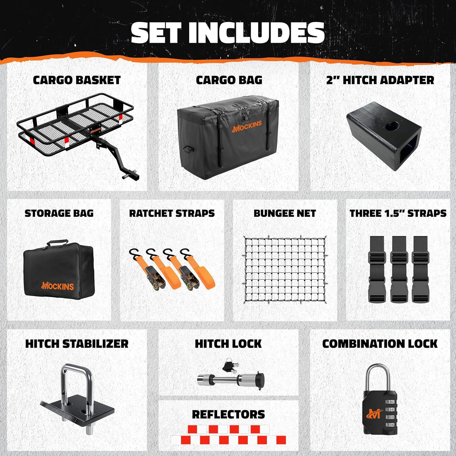 imageMockins 2in1 Trailer Hitch Cargo Carrier Bench 48quotx18quotx6quot w 15 CuFt Vehicle Soft Shell Carriers Bag  500 Lbs Capacity Folding Cargo Hitch Carrier Tailgate Seating Set wStabilizer Straps ampamp Lock48L X 20W X 6H  15 CuFt Bag