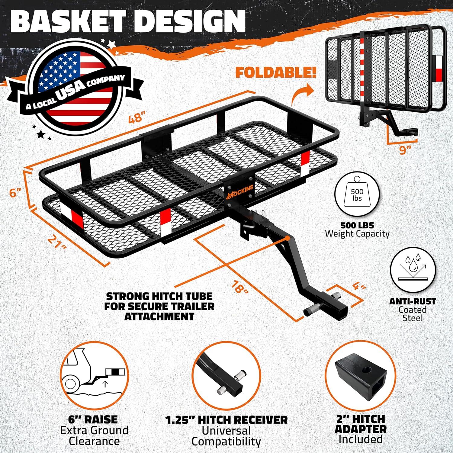 imageMockins 2in1 Trailer Hitch Cargo Carrier Bench 48quotx18quotx6quot w 15 CuFt Vehicle Soft Shell Carriers Bag  500 Lbs Capacity Folding Cargo Hitch Carrier Tailgate Seating Set wStabilizer Straps ampamp Lock48L X 20W X 6H  15 CuFt Bag