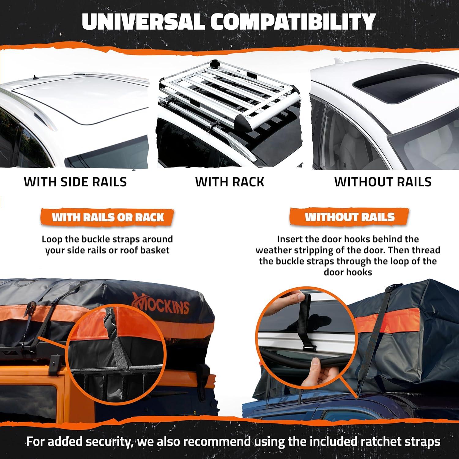 imageMockins 30 CuFt AllWeather Rooftop Cargo Carrier Bag  60quotx43quotx20quot SoftShell Vinyl Car Top Carrier Without Roof Rack  Roof Cargo Bag for Top of Car SUV Truck ampamp Large Vehicles wAccessories30 Cubic Ft