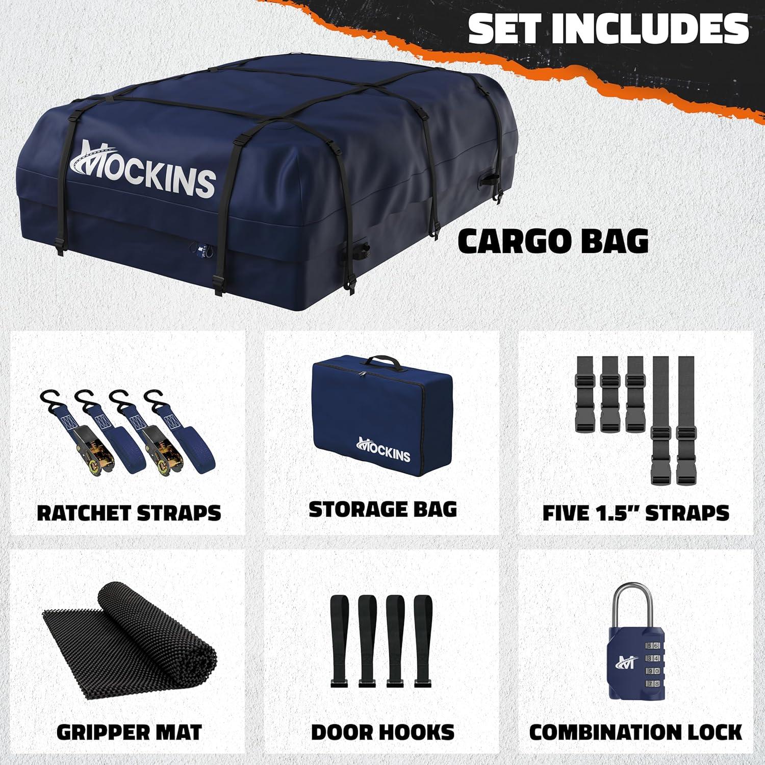 imageMockins 30 CuFt Navy Waterproof Rooftop Cargo Bag For Use With or Without Roof Rack  60quotx43quotx20quot Vinyl Car Rooftop Cargo Carrier Bag  Car Topper Luggage Carrier Waterproof Set wStraps Hooks ampamp More