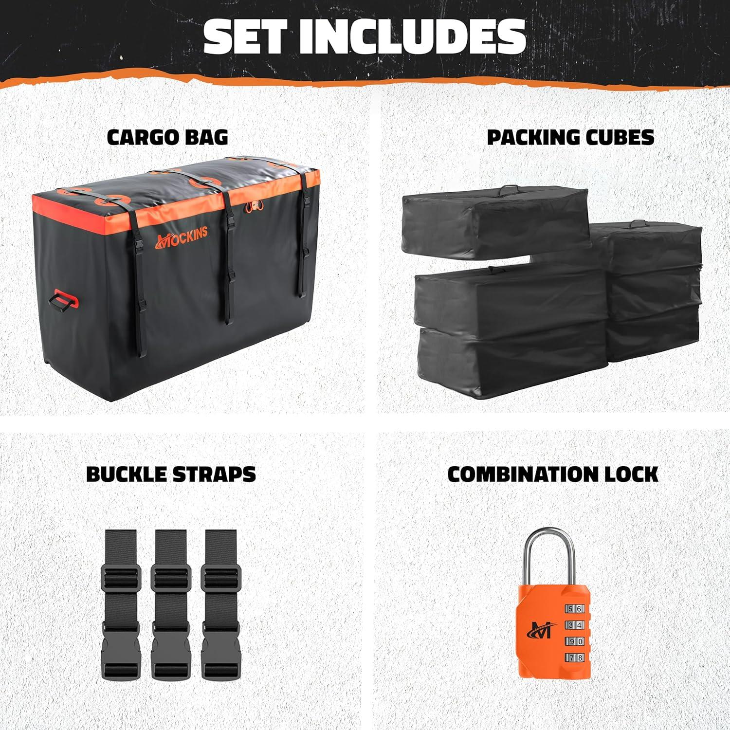 imageMockins 30 CuFt Trailer Hitch Cargo Carrier Bag  60quotx24quotx36quot Weatherproof Cargo Bag for Hitch Carrier  Waterproof Truck Bed Storage  Vinyl Vehicle Soft Shell Carriers Set for Road Trips ampamp Camping30 Cu Ft  BlackOrange  6 Packing Cubes