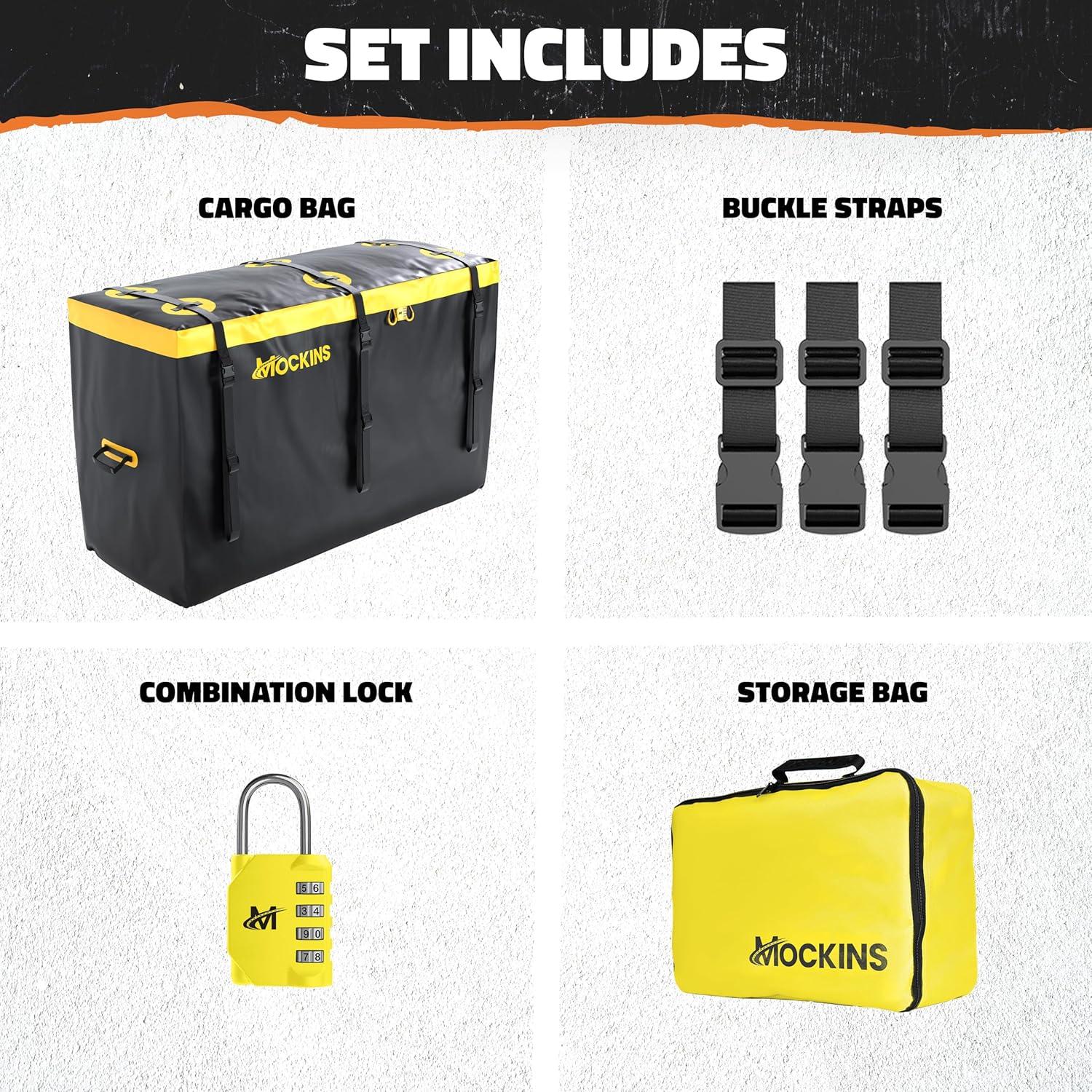 imageMockins 30 CuFt Trailer Hitch Cargo Carrier Bag  60quotx24quotx36quot Weatherproof Cargo Bag for Hitch Carrier  Waterproof Truck Bed Storage  Vinyl Vehicle Soft Shell Carriers Set for Road Trips ampamp Camping30 Cu Ft  BlackYellow