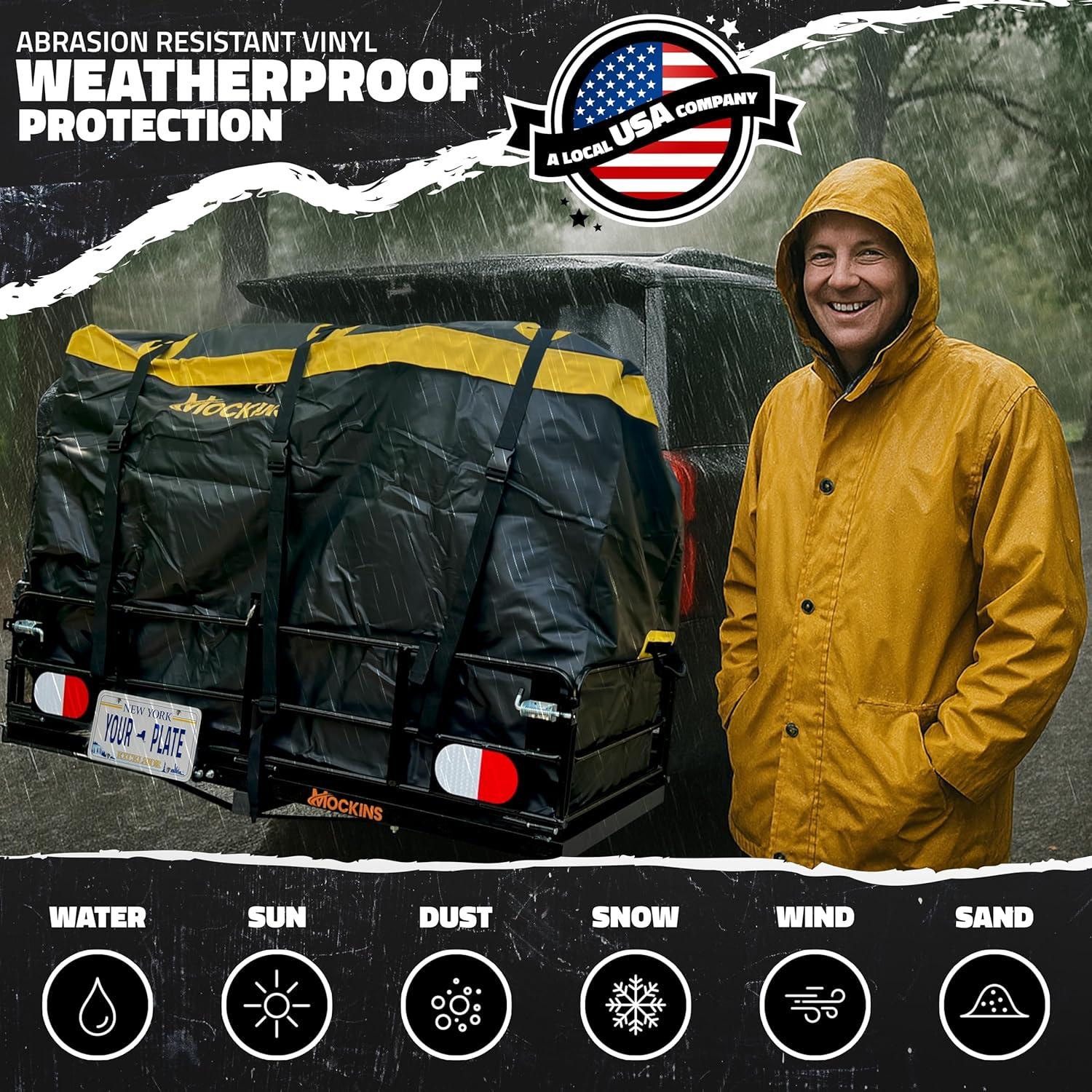 imageMockins 30 CuFt Trailer Hitch Cargo Carrier Bag  60quotx24quotx36quot Weatherproof Cargo Bag for Hitch Carrier  Waterproof Truck Bed Storage  Vinyl Vehicle Soft Shell Carriers Set for Road Trips ampamp Camping30 Cu Ft  BlackYellow