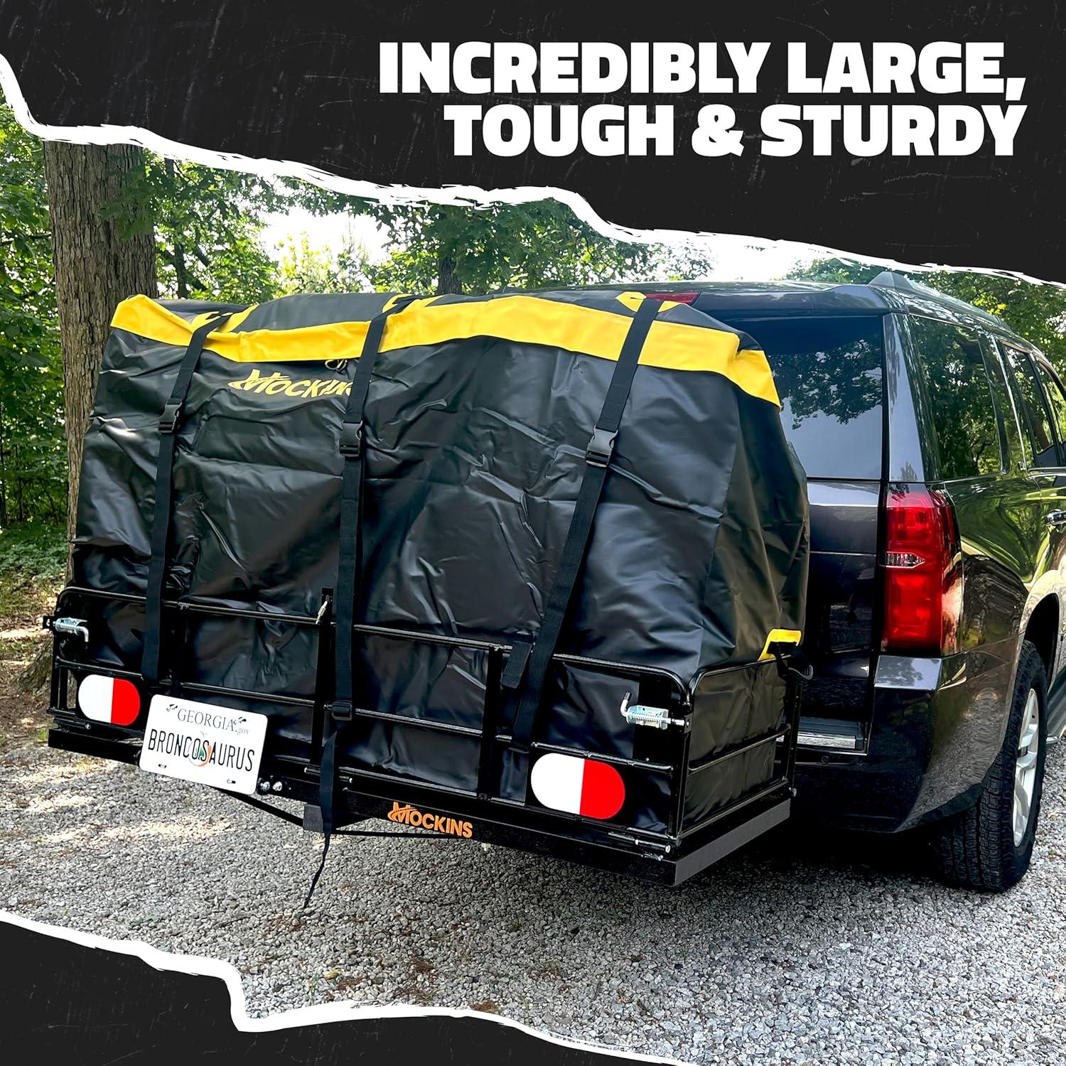 imageMockins 30 CuFt Trailer Hitch Cargo Carrier Bag  60quotx24quotx36quot Weatherproof Cargo Bag for Hitch Carrier  Waterproof Truck Bed Storage  Vinyl Vehicle Soft Shell Carriers Set for Road Trips ampamp Camping30 Cu Ft  BlackYellow