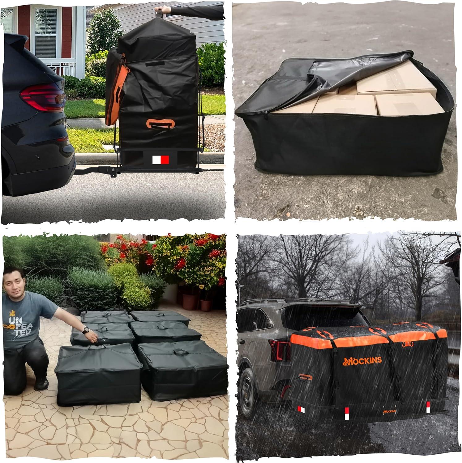 imageMockins 30 CuFt Trailer Hitch Cargo Carrier Bag  60quotx24quotx36quot Weatherproof Cargo Bag for Hitch Carrier  Waterproof Truck Bed Storage  Vinyl Vehicle Soft Shell Carriers Set for Road Trips ampamp Camping30 Cu Ft  BlackOrange  6 Packing Cubes