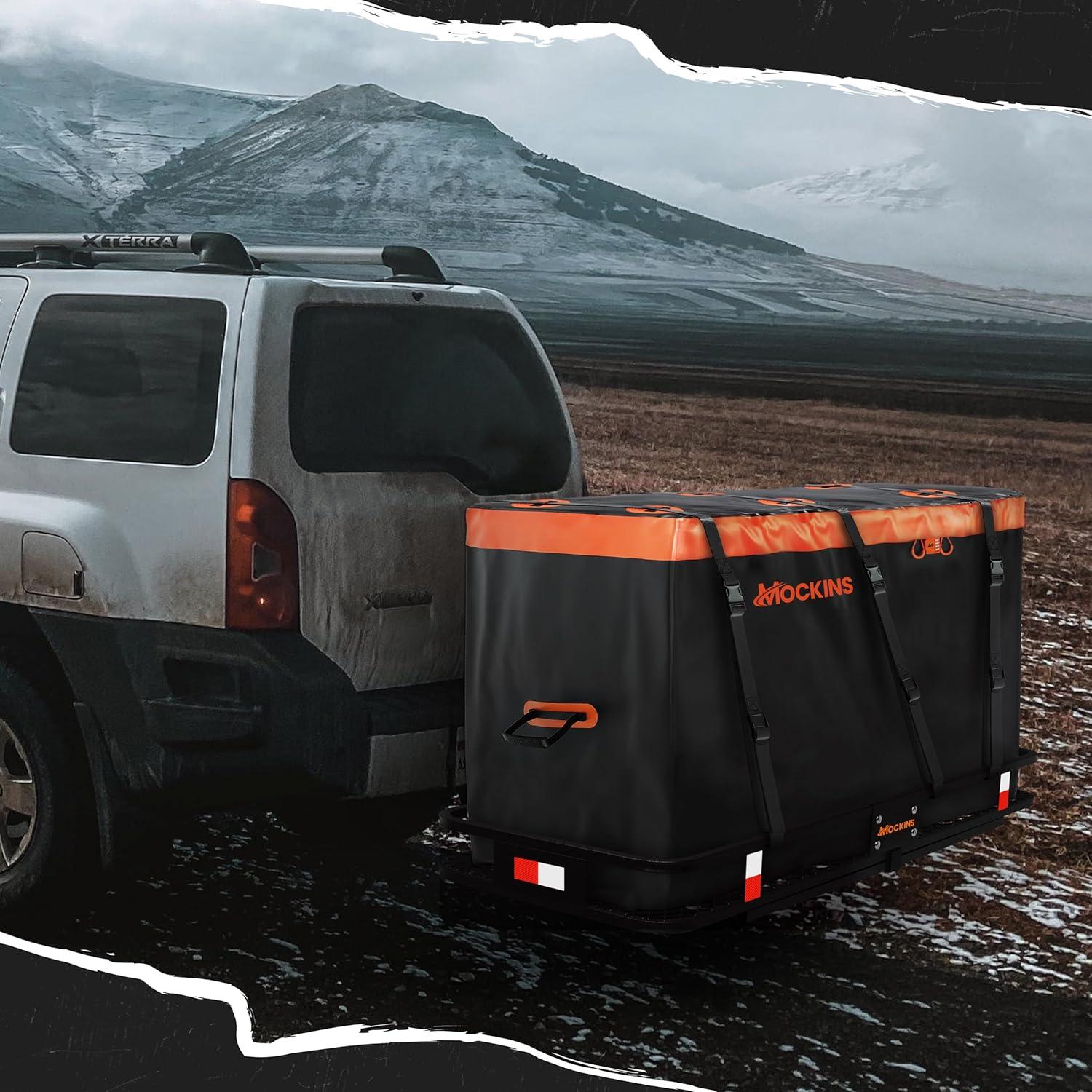 imageMockins 30 CuFt Trailer Hitch Cargo Carrier Bag  60quotx24quotx36quot Weatherproof Cargo Bag for Hitch Carrier  Waterproof Truck Bed Storage  Vinyl Vehicle Soft Shell Carriers Set for Road Trips ampamp Camping30 Cu Ft  BlackOrange  6 Packing Cubes