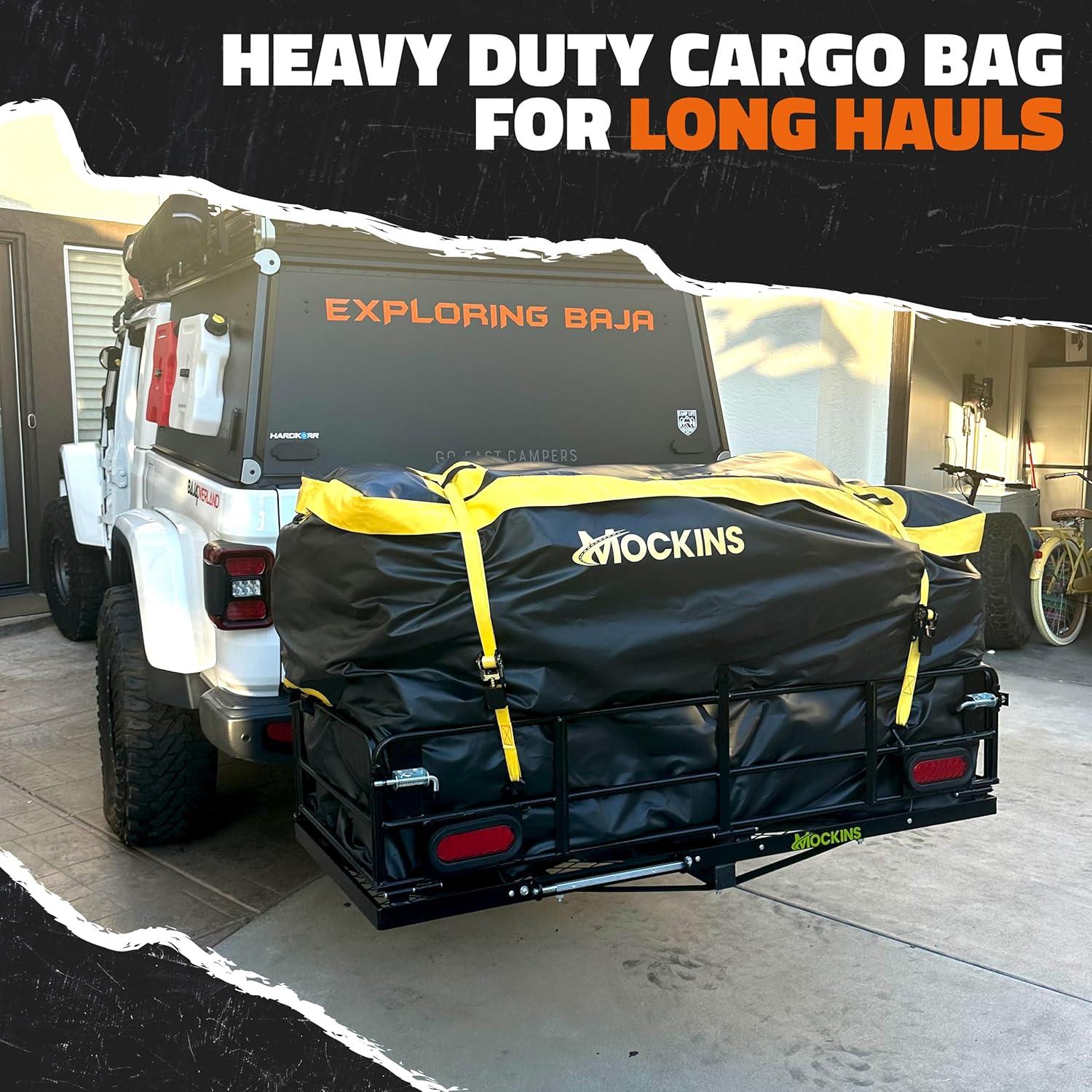 imageMockins 30 CuFt Trailer Hitch Cargo Carrier Bag  60quotx24quotx36quot Weatherproof Cargo Bag for Hitch Carrier  Waterproof Truck Bed Storage  Vinyl Vehicle Soft Shell Carriers Set for Road Trips ampamp Camping30 Cu Ft  BlackYellow