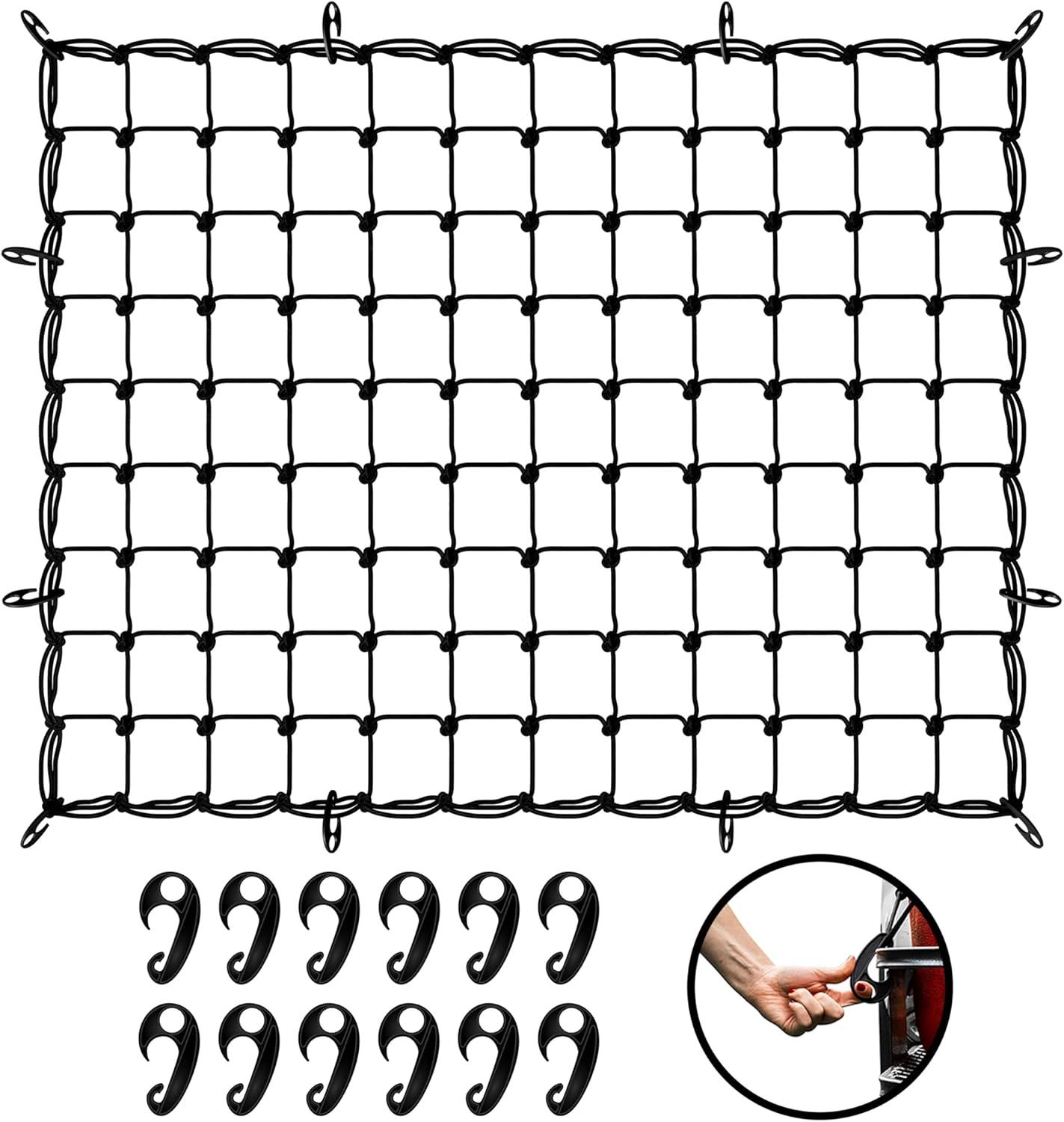 imageMockins 36quotx20quot Heavy Duty Cargo Net for Pickup Truck Bed SUV ampamp Car  6mm Extra Thick ampamp Elastic Bungee Net with Hooks  Stretches Up to 75quotx40quot  4quotx4quot Mesh Square Cargo Netting for Any Load SizeBlack