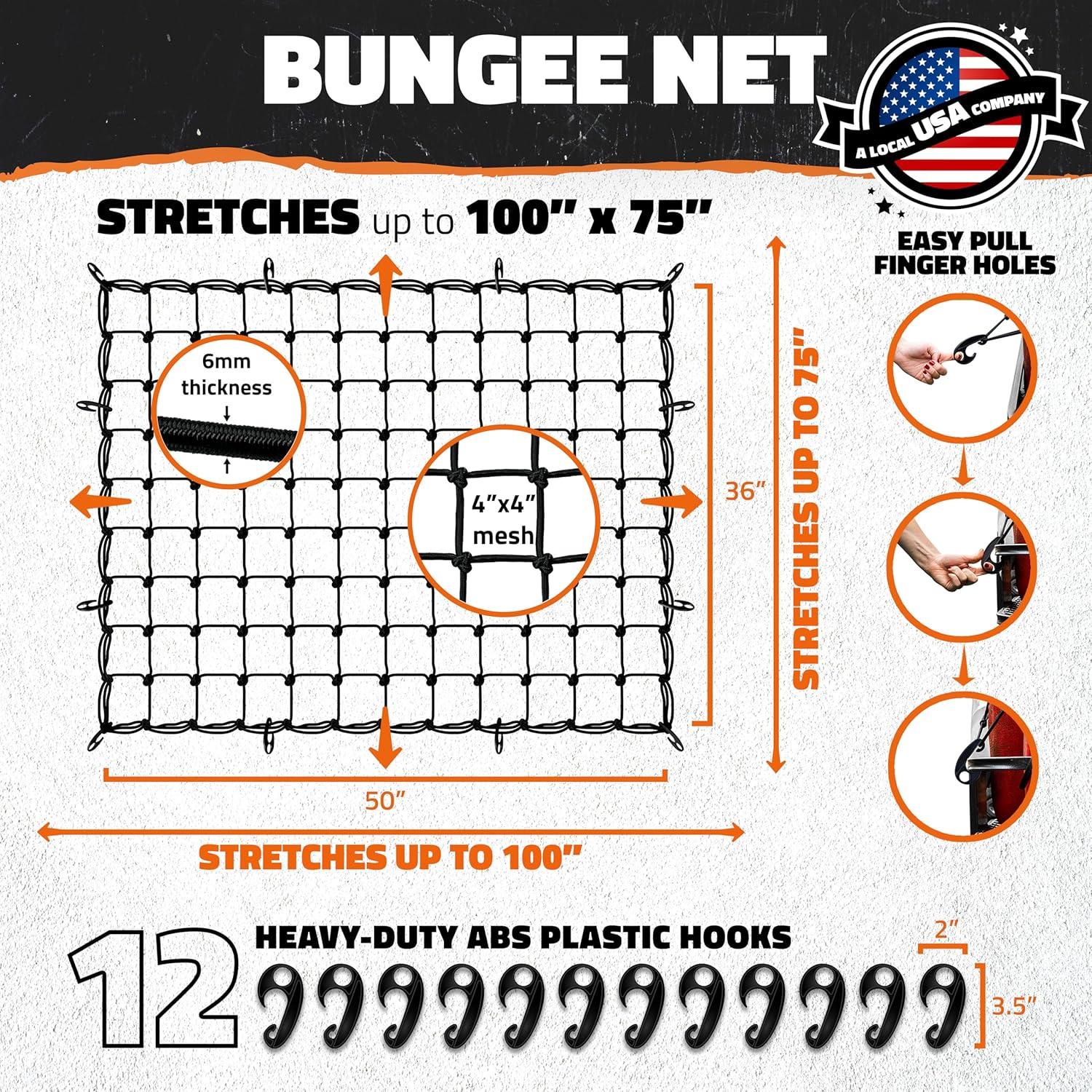 imageMockins 36quotx20quot Heavy Duty Cargo Net for Pickup Truck Bed SUV ampamp Car  6mm Extra Thick ampamp Elastic Bungee Net with Hooks  Stretches Up to 75quotx40quot  4quotx4quot Mesh Square Cargo Netting for Any Load SizeBlack