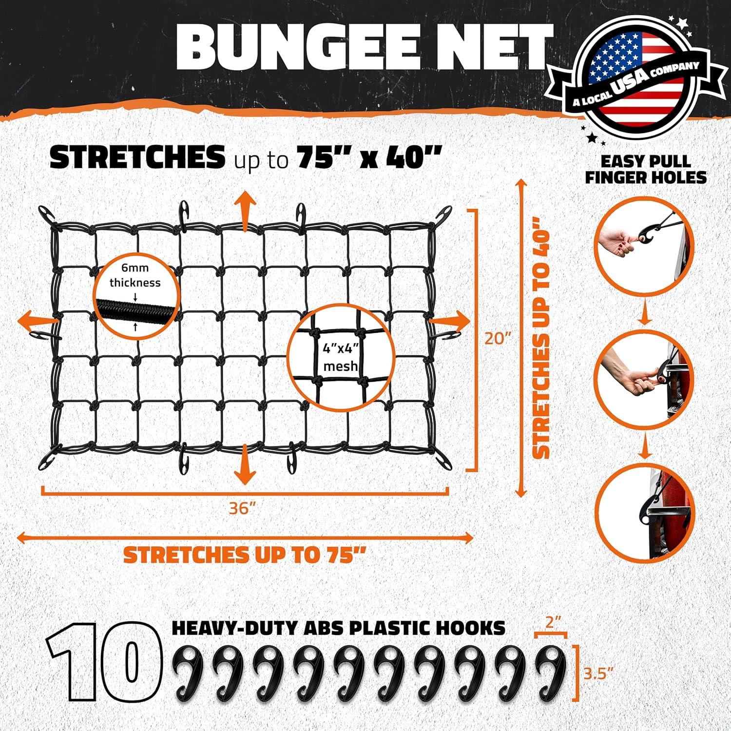 imageMockins 36quotx20quot Heavy Duty Cargo Net for Pickup Truck Bed SUV ampamp Car  6mm Extra Thick ampamp Elastic Bungee Net with Hooks  Stretches Up to 75quotx40quot  4quotx4quot Mesh Square Cargo Netting for Any Load SizeBlack