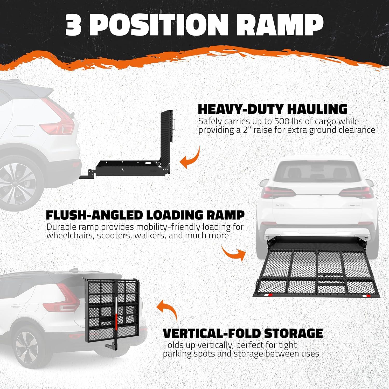 imageMockins 40quotx40quotx4quot Square Heavy Duty Trailer Hitch Cargo Carrier with Ramp  500 Lbs Cap Weatherproof Steel Scooter Rack for Car SUV Truck Van RV  Wheelchair Carrier for Car Hitch wAccessories