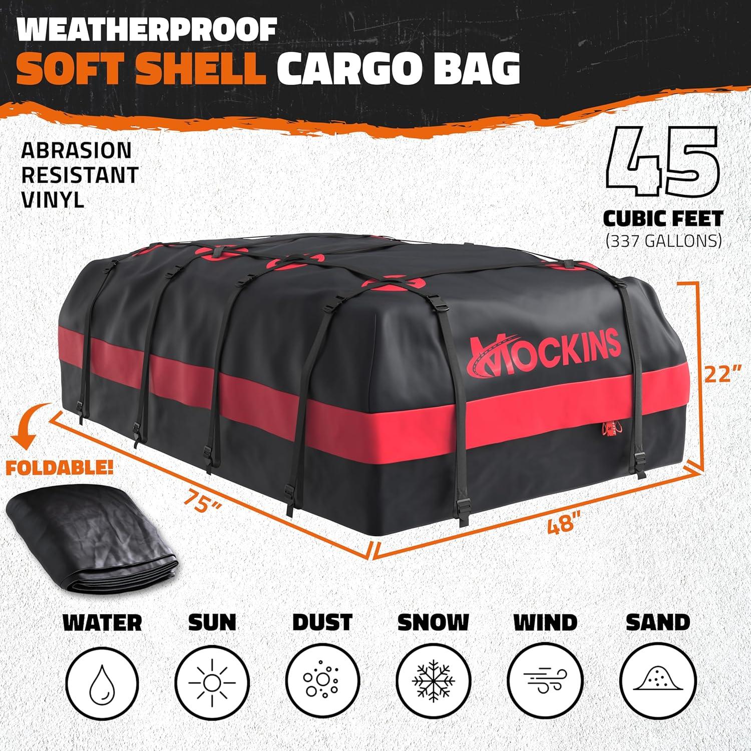 imageMockins 45 CuFt XL Waterproof Rooftop Cargo Bag  75quotx48quotx22quot Heavy Duty Rooftop Cargo Carrier for Use with or wo Roof Rack  Car Roof Bag Set Includes Top of Car Storage Mat Lock Hooks ampamp Straps