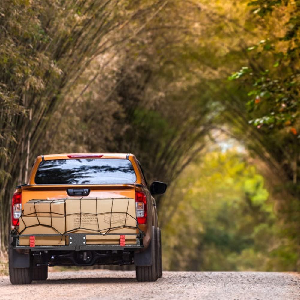 imageMockins 500LB Capacity 60x20x6 Trailer Hitch Cargo Carrier Hitch Rack Folding Cargo Carrier Hitch Mount  Ratchet Straps ampamp Net  Hitch Mount Cargo Carrier Cargo Trailer Tow Hitch Cargo Carrier