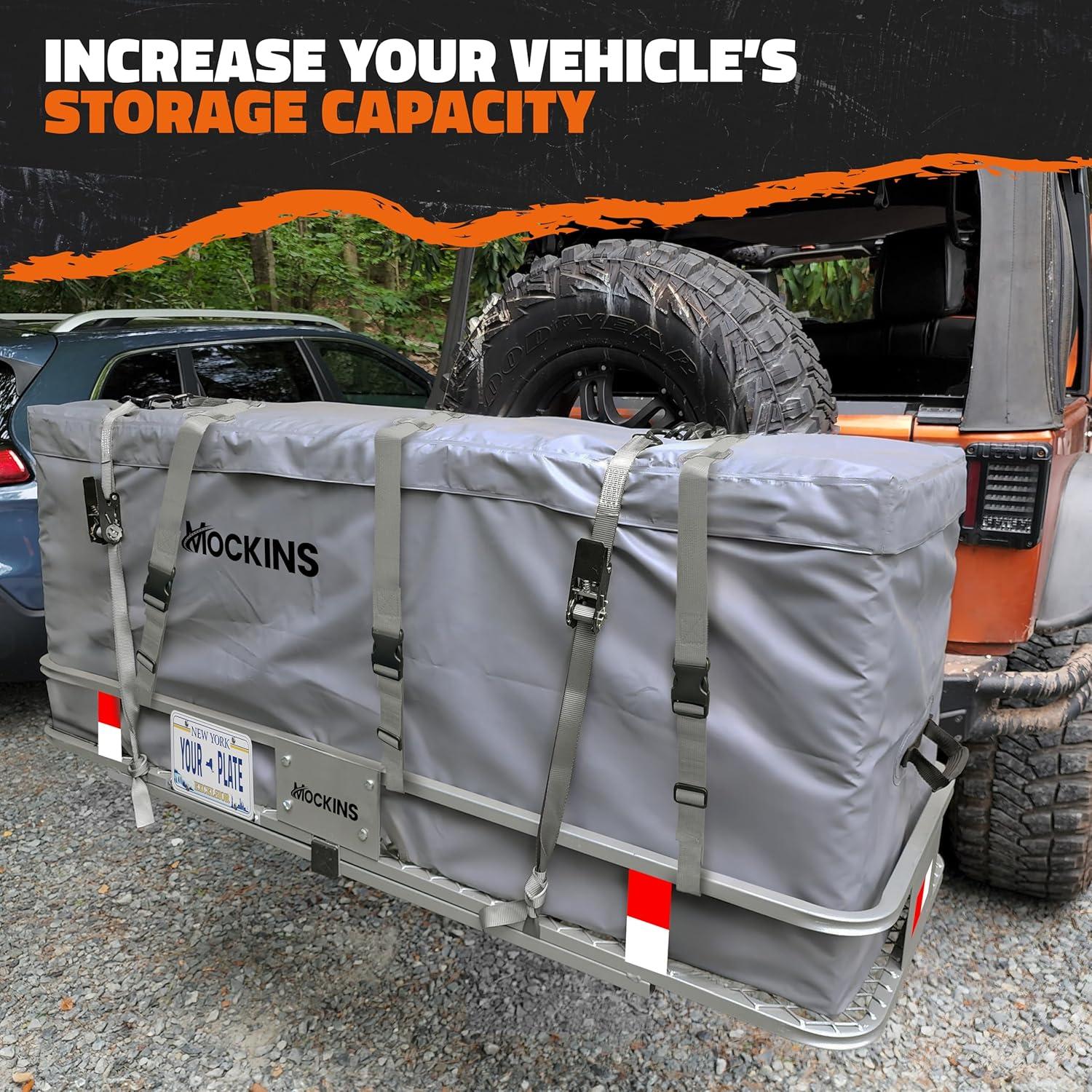 imageMockins 60quotx20quotx6quot Folding Trailer Hitch Cargo Carrier w 20 CuFt Waterproof Cargo Bag for Hitch Carrier  500 Lbs Capacity Weatherproof Luggage Rack for SUV Car ampamp Truck wCar Trailer AccessoriesGray