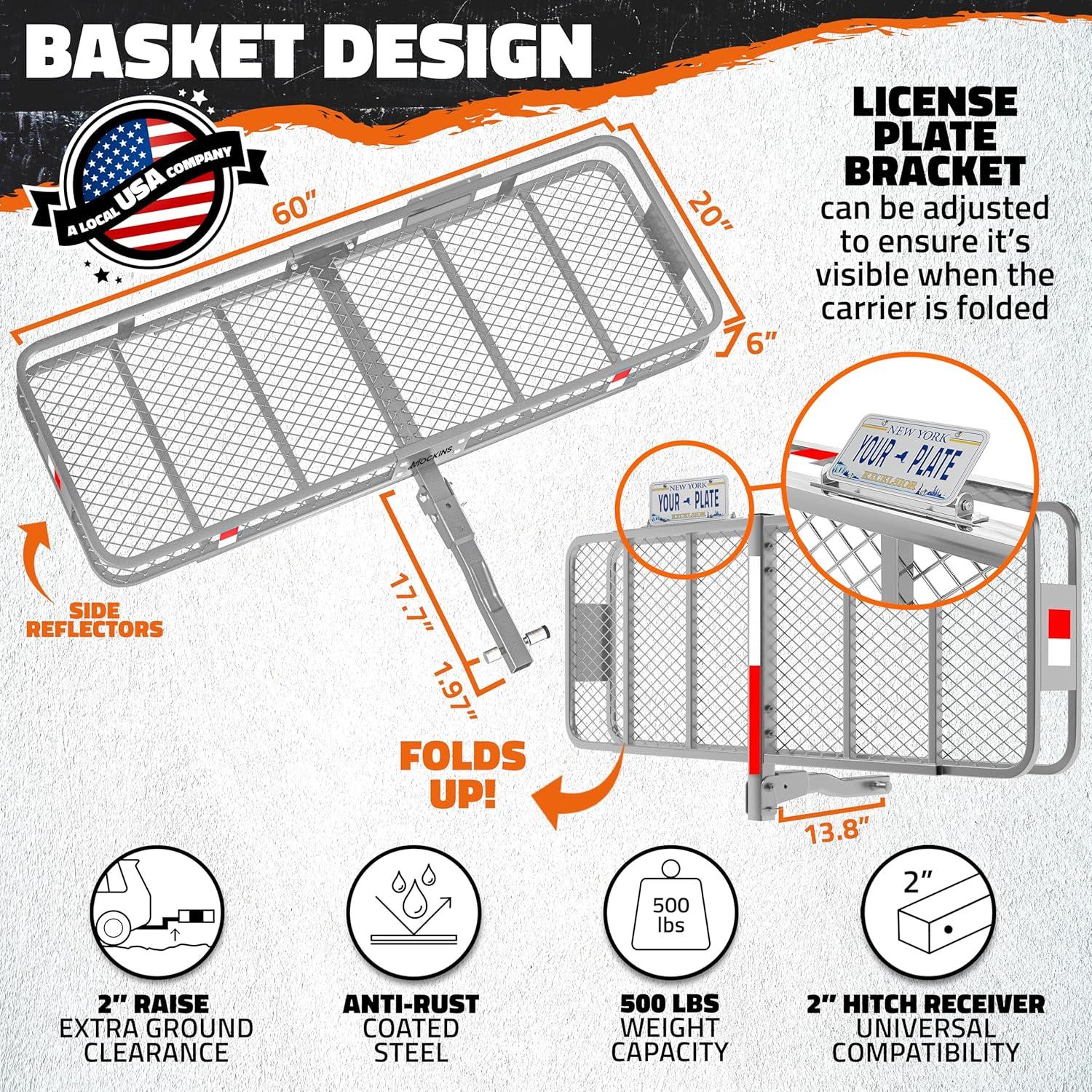 imageMockins 60quotx20quotx6quot Folding Trailer Hitch Cargo Carrier w 20 CuFt Waterproof Cargo Bag for Hitch Carrier  500 Lbs Capacity Weatherproof Luggage Rack for SUV Car ampamp Truck wCar Trailer AccessoriesGray