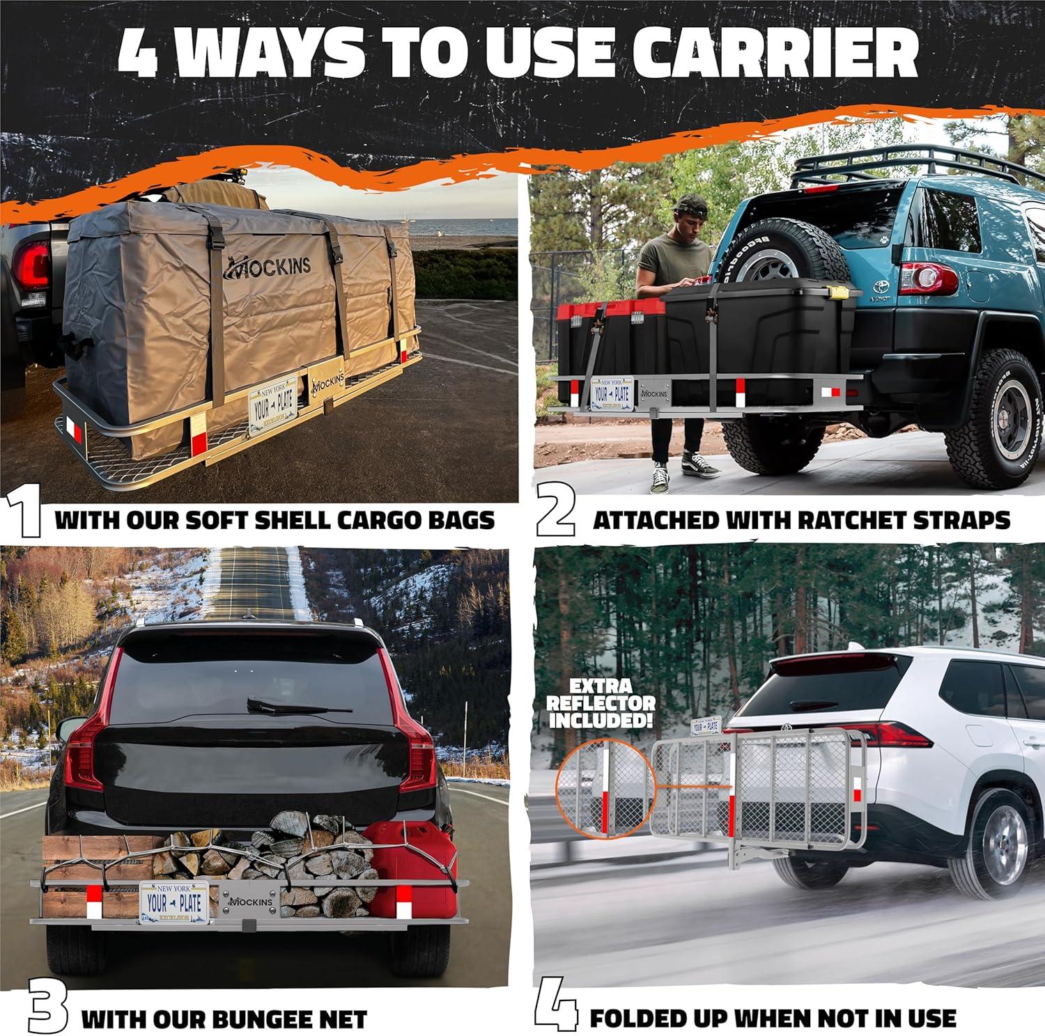 imageMockins 60quotx20quotx6quot Folding Trailer Hitch Cargo Carrier w 20 CuFt Waterproof Cargo Bag for Hitch Carrier  500 Lbs Capacity Weatherproof Luggage Rack for SUV Car ampamp Truck wCar Trailer AccessoriesGray