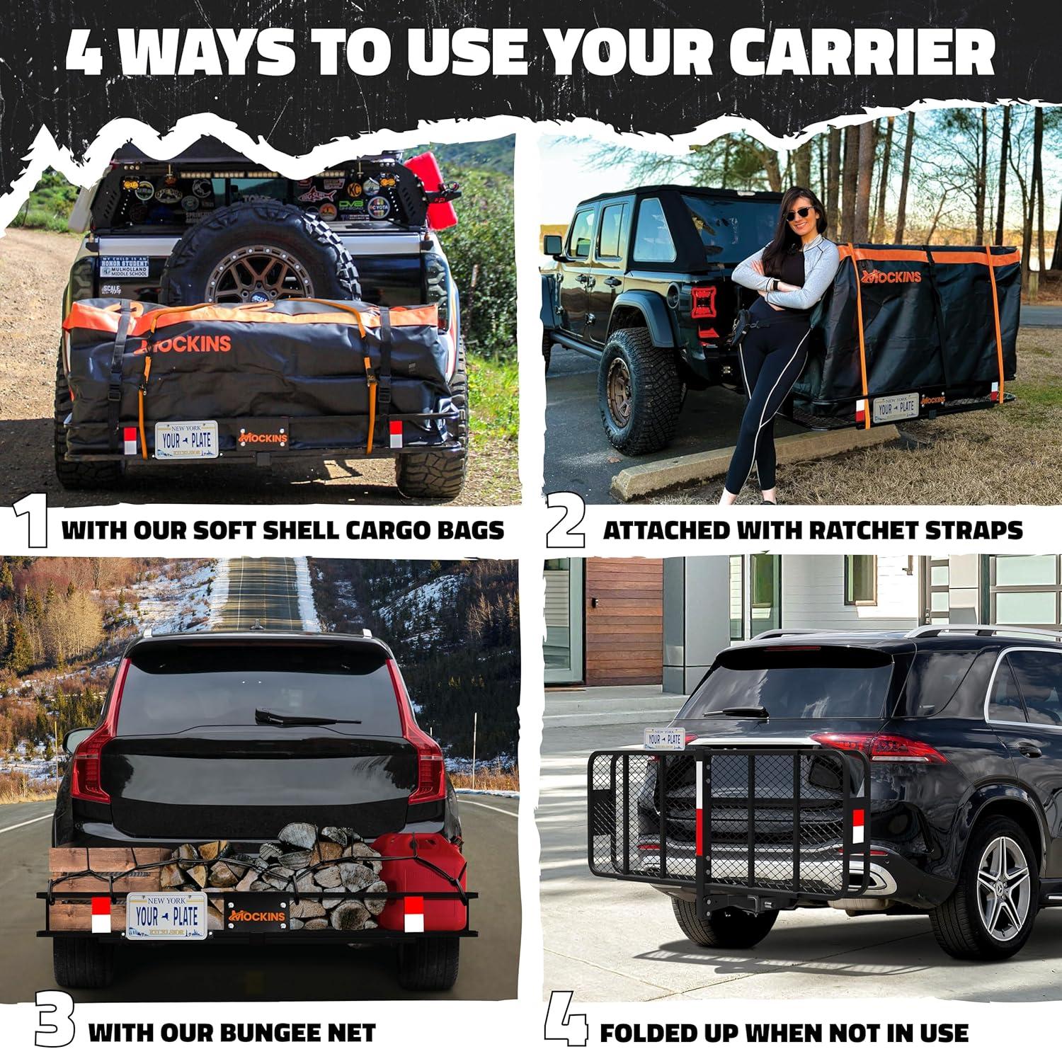 imageMockins 60quotx20quotx6quot Folding Trailer Hitch Cargo Carrier w 20 CuFt Waterproof Cargo Bag for Hitch Carrier  500 Lbs Capacity Weatherproof Luggage Rack for SUV Car ampamp Truck wCar Trailer AccessoriesBlackOrange