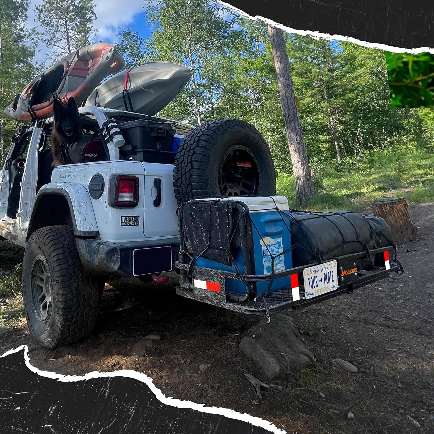 imageMockins 60quotx20quotx6quot Folding Trailer Hitch Cargo Carrier w 20 CuFt Waterproof Cargo Bag for Hitch Carrier  500 Lbs Capacity Weatherproof Luggage Rack for SUV Car ampamp Truck wCar Trailer AccessoriesBlackOrange