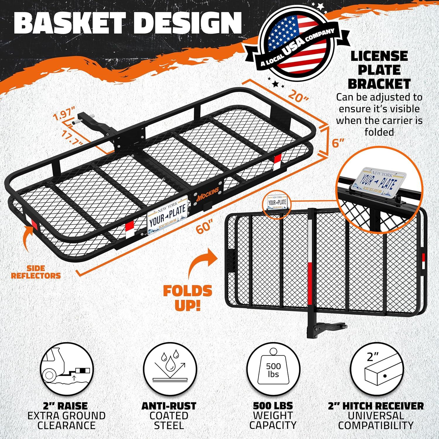 imageMockins 60quotx20quotx6quot Folding Trailer Hitch Cargo Carrier w 20 CuFt Waterproof Cargo Bag for Hitch Carrier  500 Lbs Capacity Weatherproof Luggage Rack for SUV Car ampamp Truck wCar Trailer AccessoriesBlackOrange