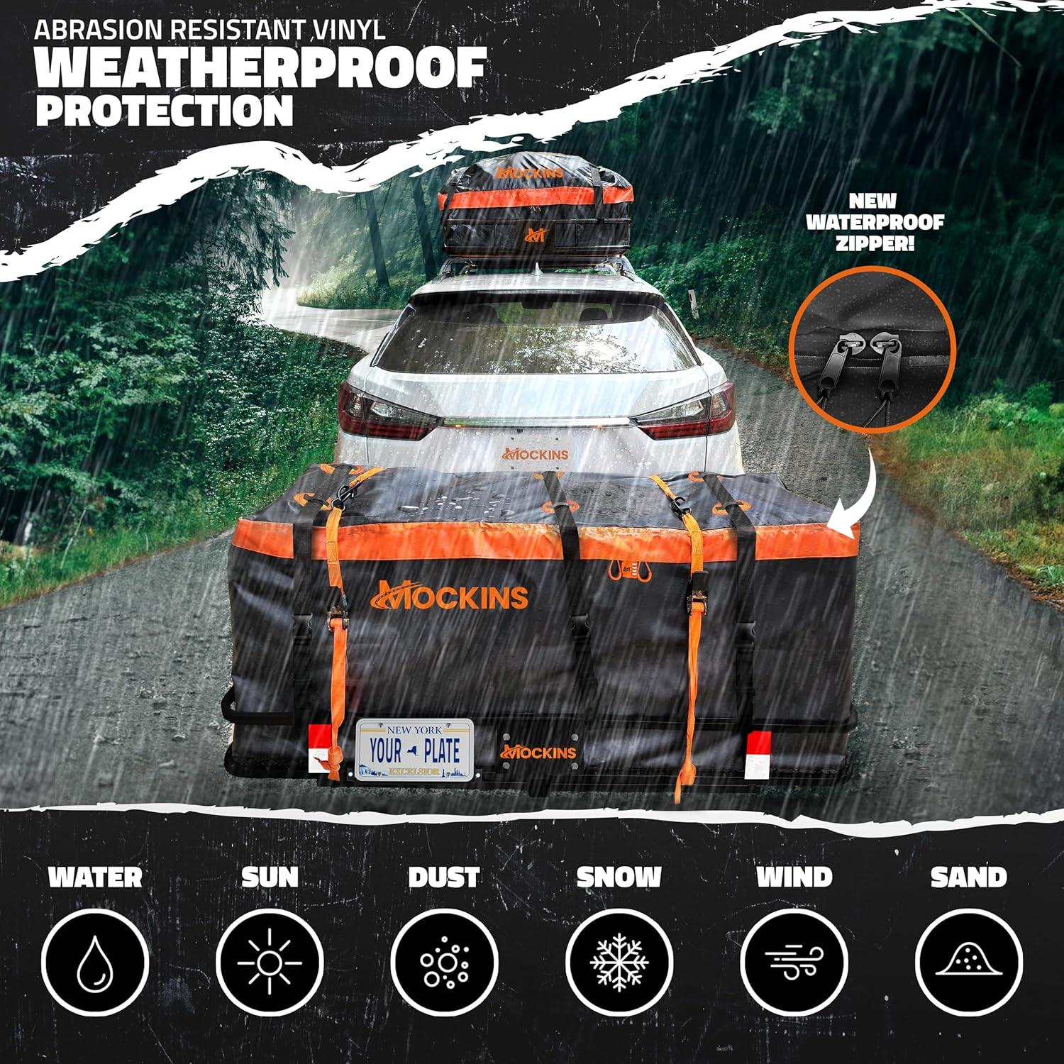 imageMockins 60quotx20quotx6quot Folding Trailer Hitch Cargo Carrier w 20 CuFt Waterproof Cargo Bag for Hitch Carrier  500 Lbs Capacity Weatherproof Luggage Rack for SUV Car ampamp Truck wCar Trailer AccessoriesBlackOrange