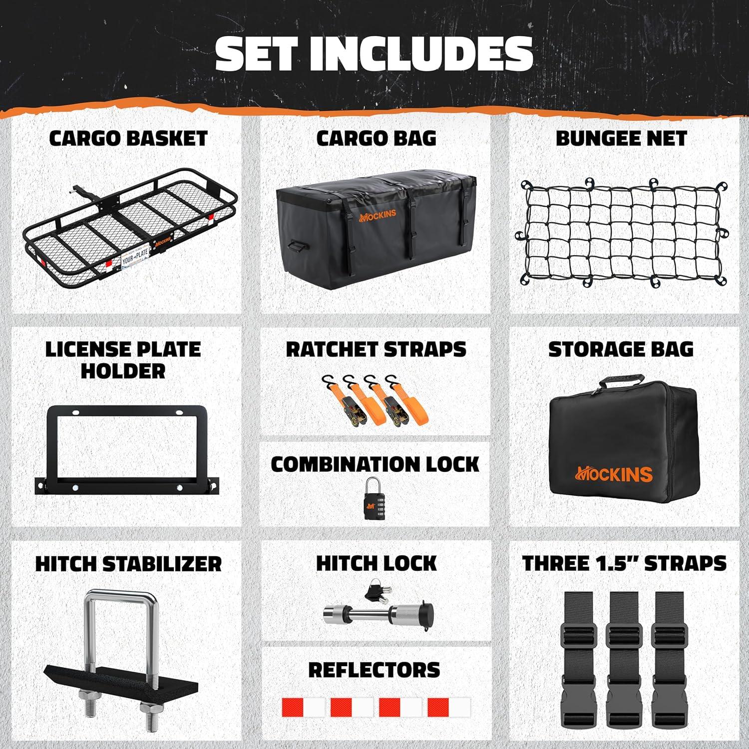 imageMockins 60quotx20quotx6quot Heavy Duty Trailer Hitch Cargo Carrier wLicense Plate Holder ampamp 16 CuFt Waterproof Cargo Bag for Hitch Carrier  AllWeather 500 Lbs Cap Folding Luggage Rack for SUV Car ampamp TruckLarge 60 L X 20 W X 6 H