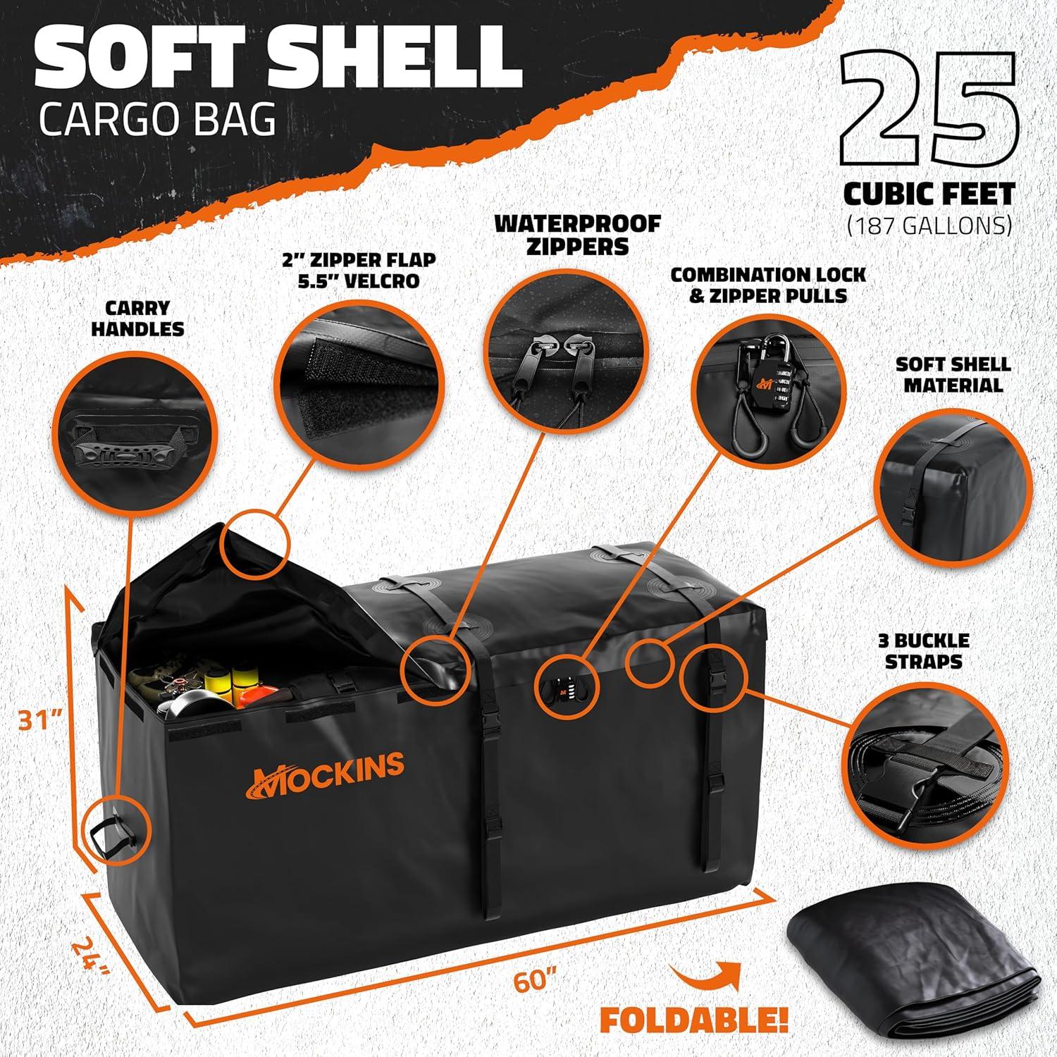 imageMockins 60quotx20quotx6quot Heavy Duty Trailer Hitch Cargo Carrier wLicense Plate Holder ampamp 16 CuFt Waterproof Cargo Bag for Hitch Carrier  AllWeather 500 Lbs Cap Folding Luggage Rack for SUV Car ampamp TruckExtra Large 60 L X 24 W X 6 H