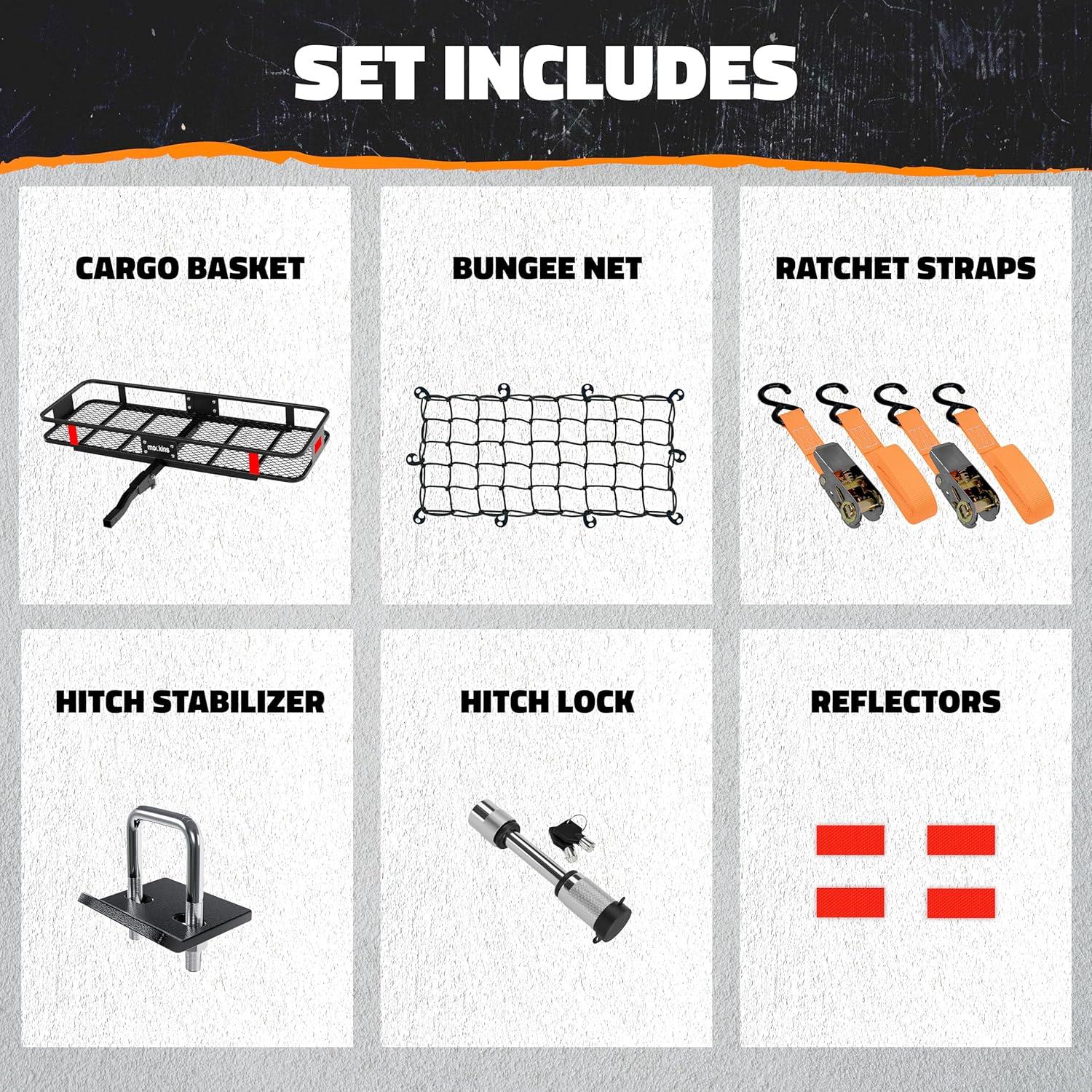 imageMockins 60quotx20quotx6quot Heavy Duty Trailer Hitch Cargo Carrier wLicense Plate Holder ampamp 16 CuFt Waterproof Cargo Bag for Hitch Carrier  AllWeather 500 Lbs Cap Folding Luggage Rack for SUV Car ampamp TruckLarge 60 L X 20 W X